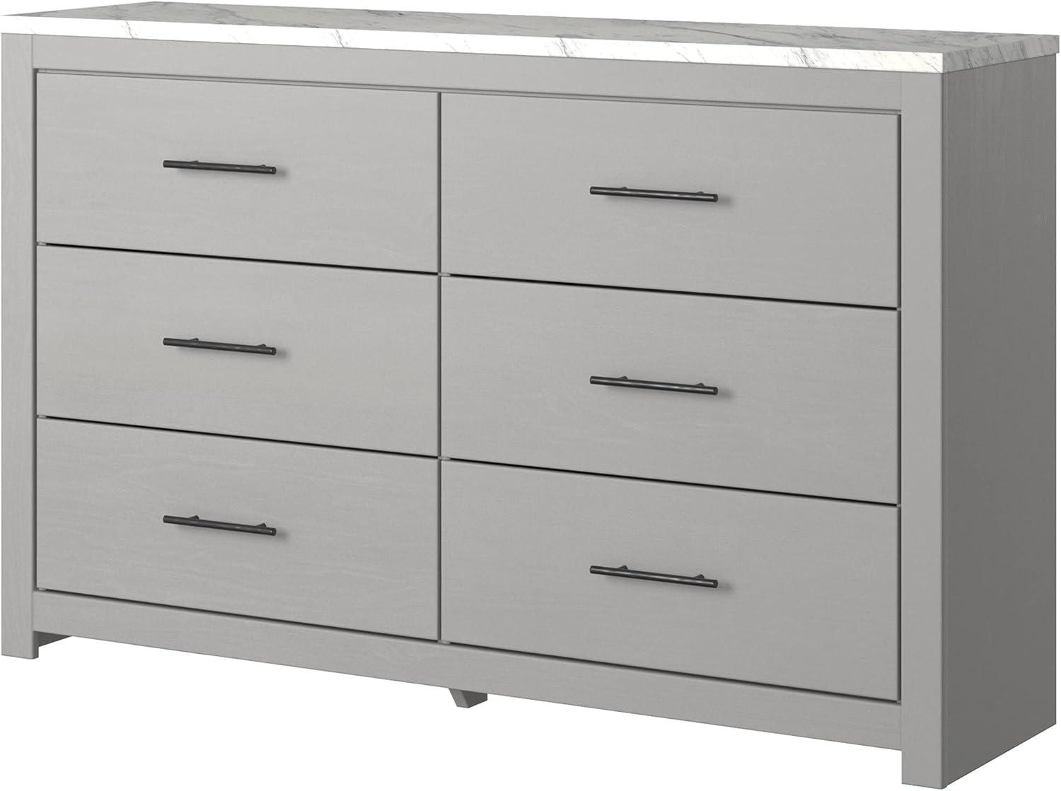 Gray Six-Drawer Dresser with Faux Marble Top