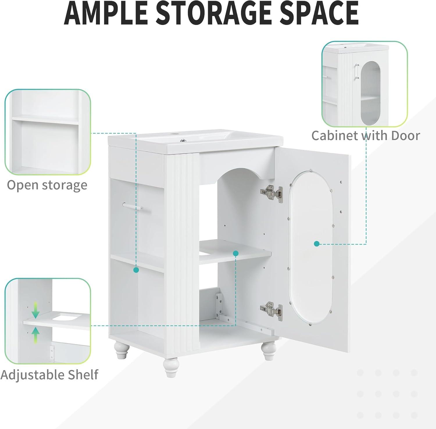 20 in Small Single Bathroom Vanity with Sink,1 Glass Door, Toilet Paper Holder and Adjustable Shelves,Wood Bathroom Vanity Sink Cabinet,White Bathroom Vanities Freestanding with Sink