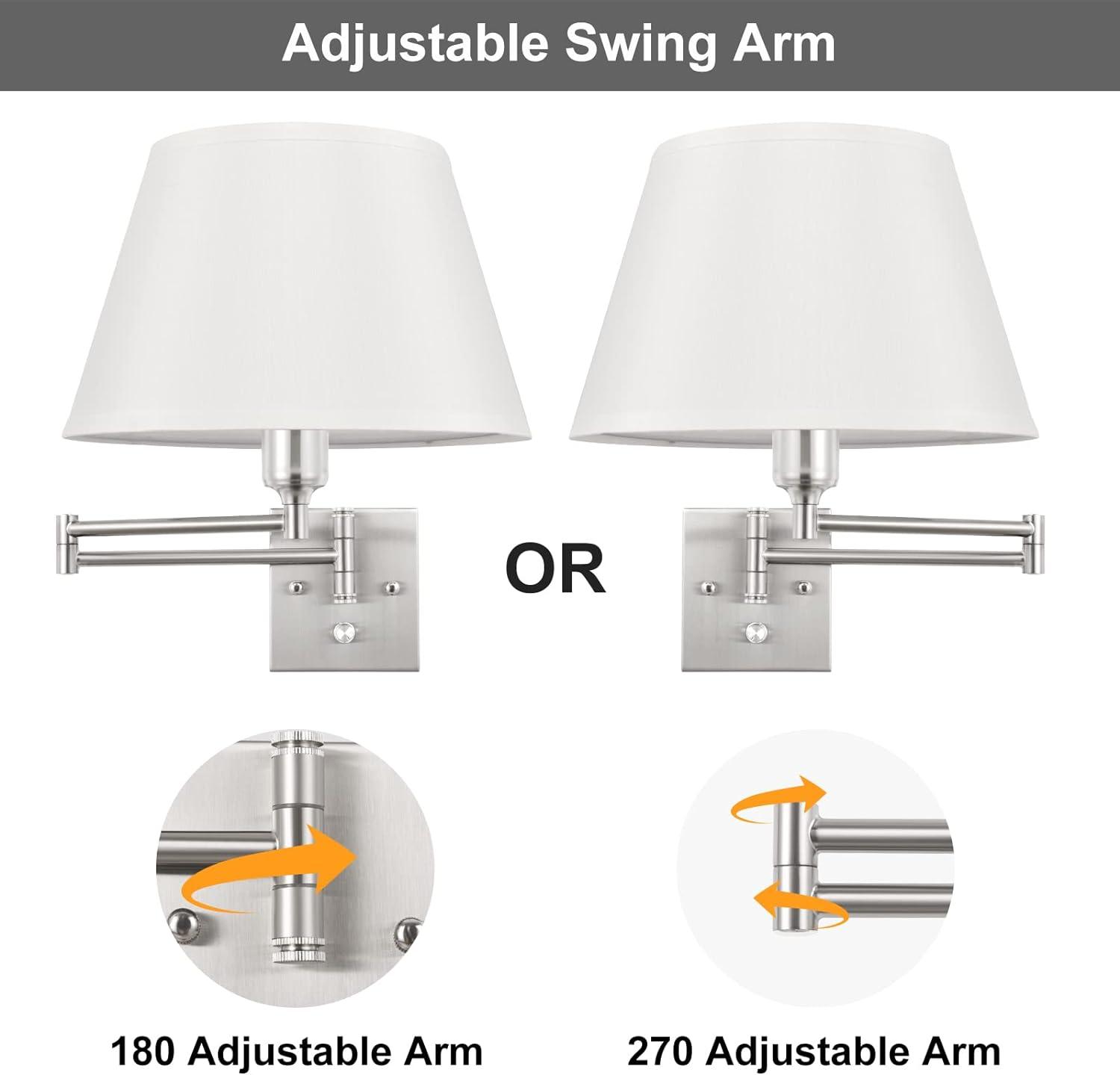 Brushed Nickel Swing Arm Wall Sconce with White Fabric Shade