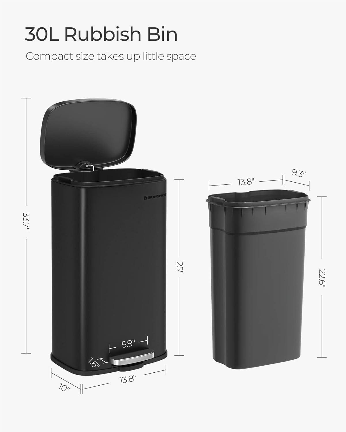 8 Gallon Black Stainless Steel Pedal Trash Can