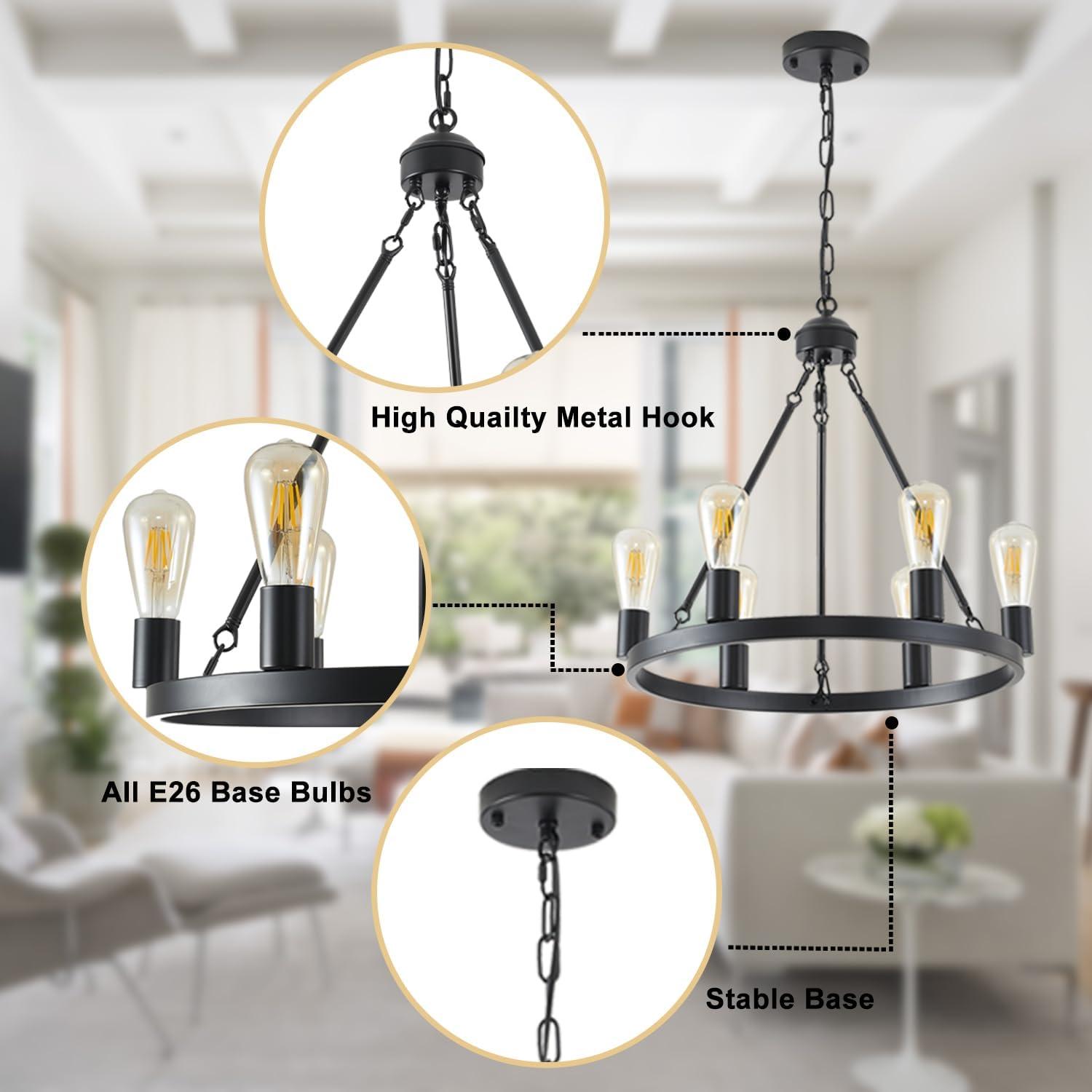 Farmhouse 6 Lights Black Wagon Wheel Chandelier,Modern Vintage Round Pendant Light Fixture for Dining Room,Living Room, Entryway Foyer Kitchen Island, E26
