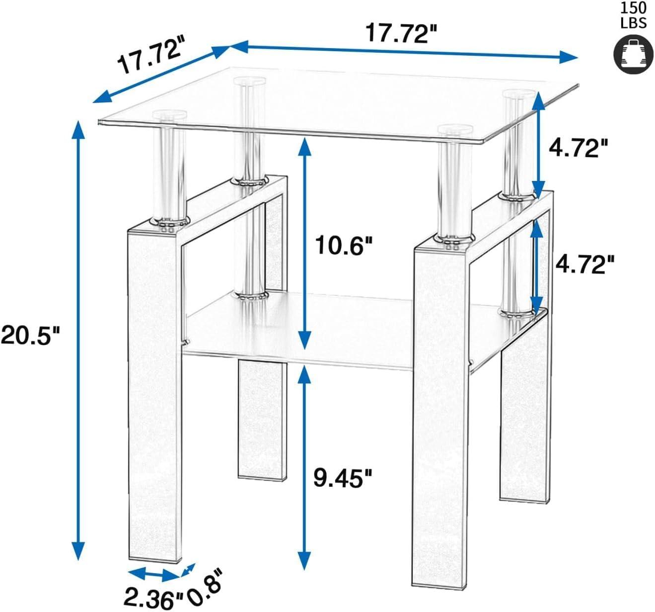 2-Tier Tempered Glass End Table Set of 2, Modern Sofa Side Table with Open Storage Shelf, Steel Pipe and Metal Legs, Square Tea Table, Glass Nightstand for Living Room Bedroom Office, White