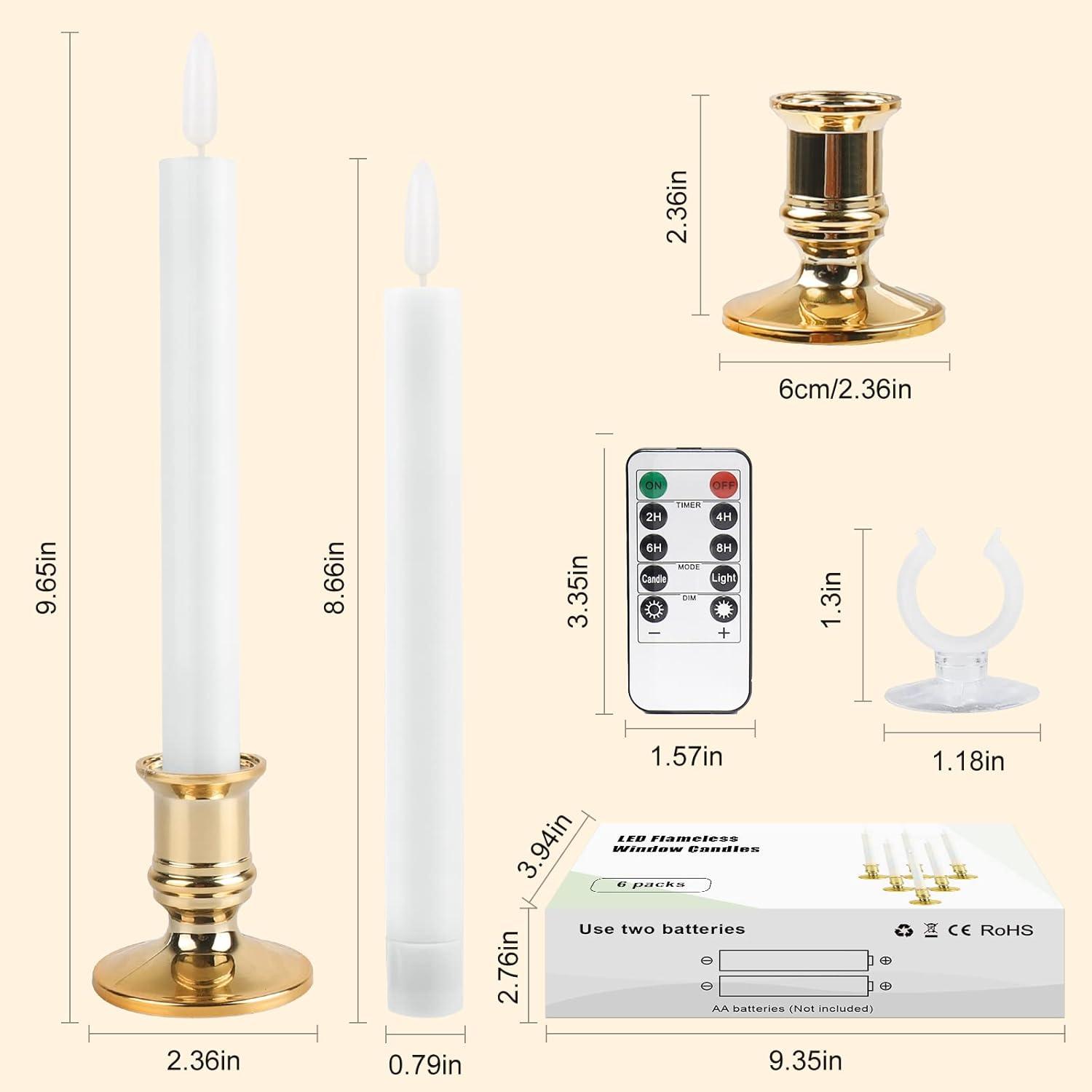 Christmas Window Candles, 6 Pack  Flameless Taper Candles Flickering With Remote, Window Candles Battery Operated With Timer, 3D Wick, 6 Candle Holders & 6 Suction Cups - Christmas Decorations