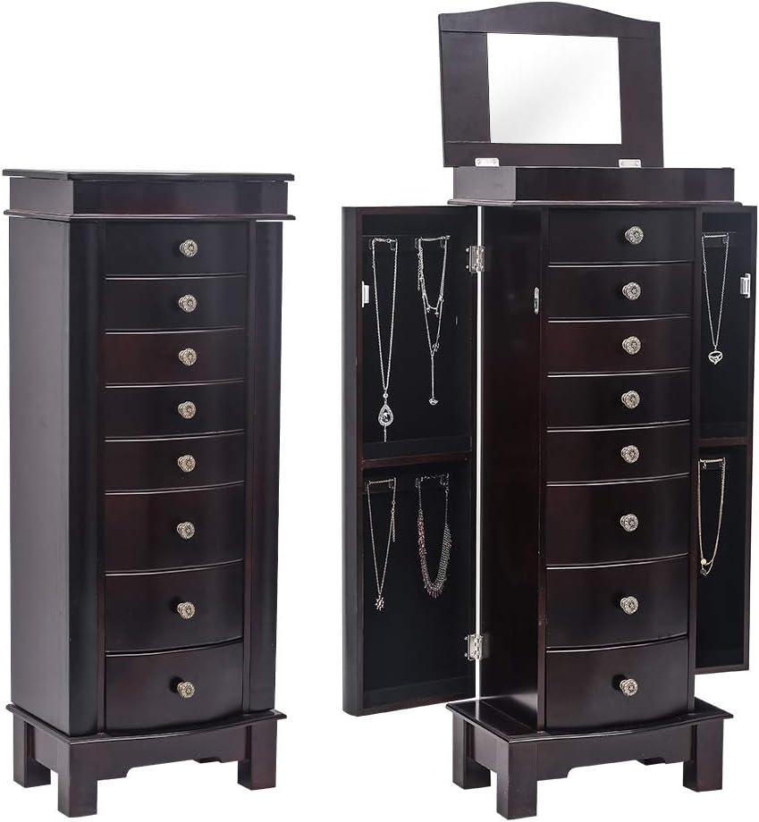 Veryke Jewelry Armoire with Mirror / 8 Drawers / 16 Necklace Hooks / 2 Side Swing Doors - Brown