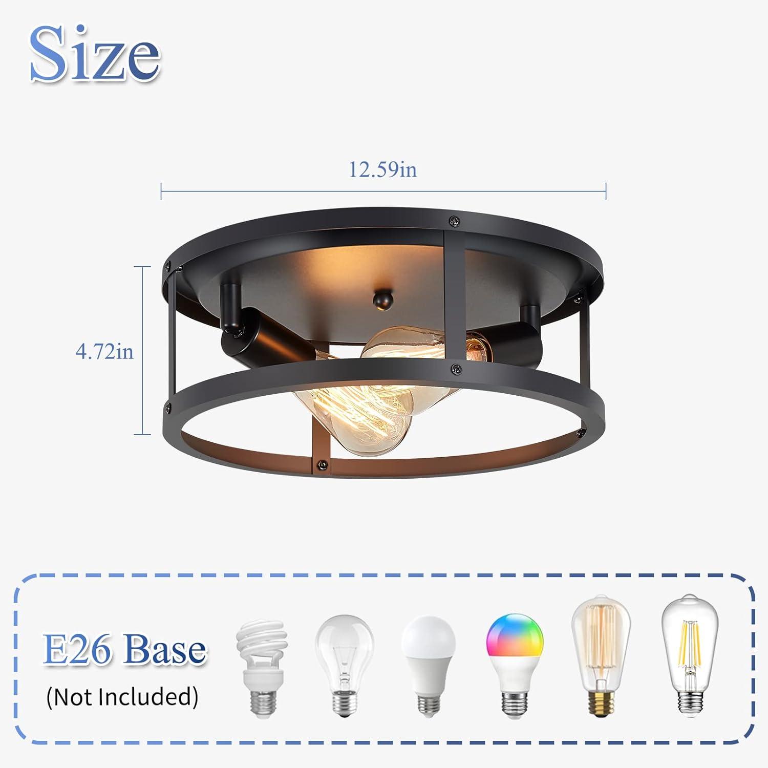 2-Light Industrial Flush Mount Ceiling Light Fixture,Black Farmhouse Ceiling Light Fixture,Modern Flush Mount Light Fixture for Kitchen Bedroom Living Room Hallway 2 Pack