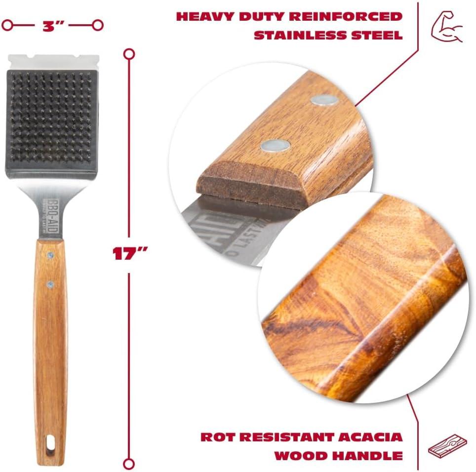 Heavy Duty Grill Brush with Acacia Wood Handle and Stainless Steel Bristles