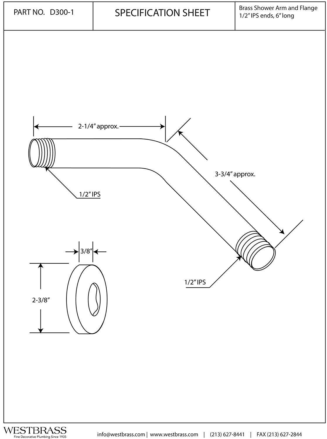1/2" IPS x 6" Wall Mount Shower Arm with Sure Grip Flange