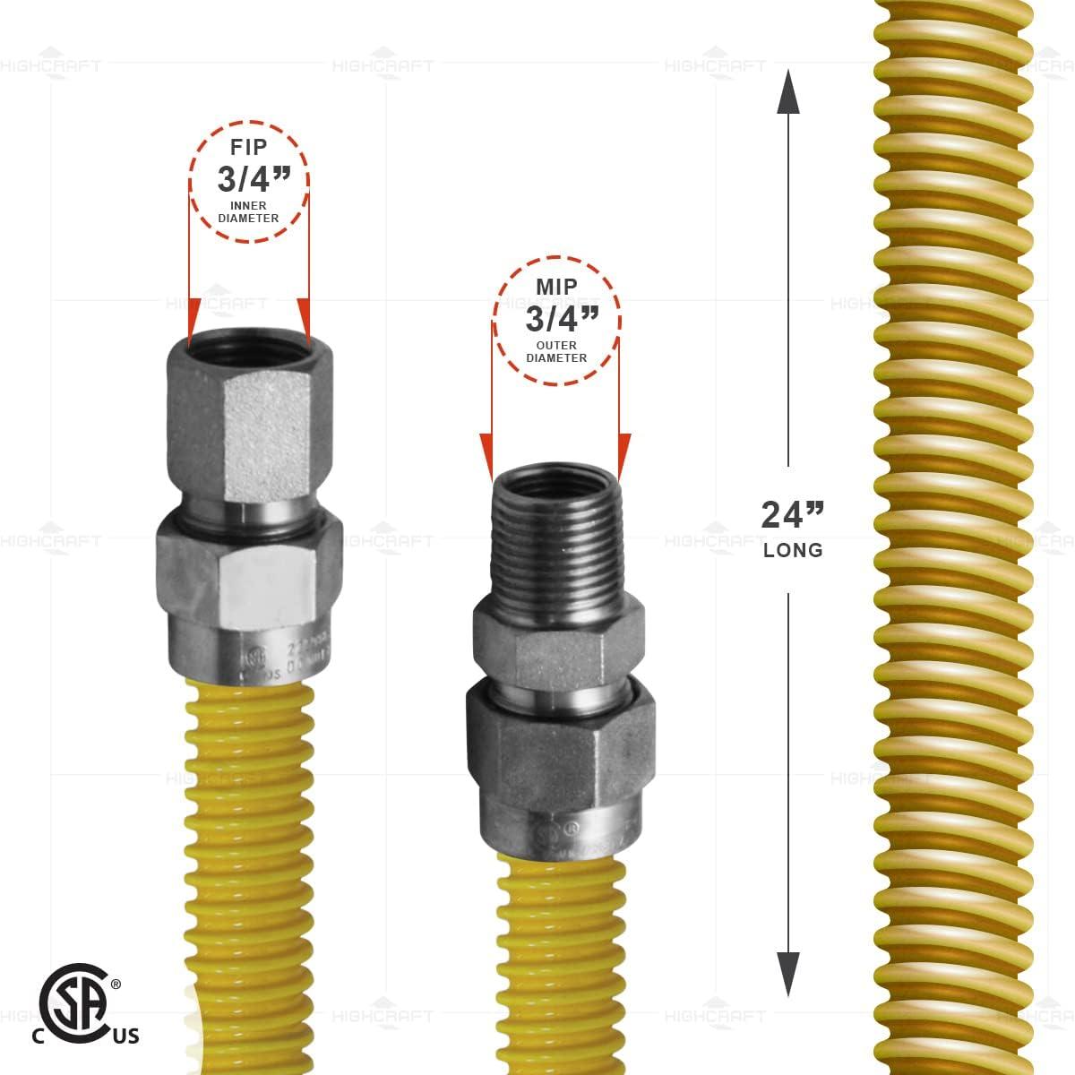 Gas Connector 24 inch Yellow Coated Stainless Steel, 1” OD Flexible Gas Hose Connector for Tankless Water Heater, with 3/4” FIP x 3/4” MIP Stainless Steel Fittings, 24” Gas Appliance Supply Line