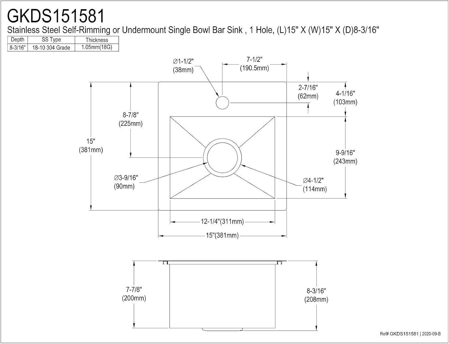 Kingston Brass Uptowne 15-Inch Single Bowl Dual Mount Kitchen Sink
