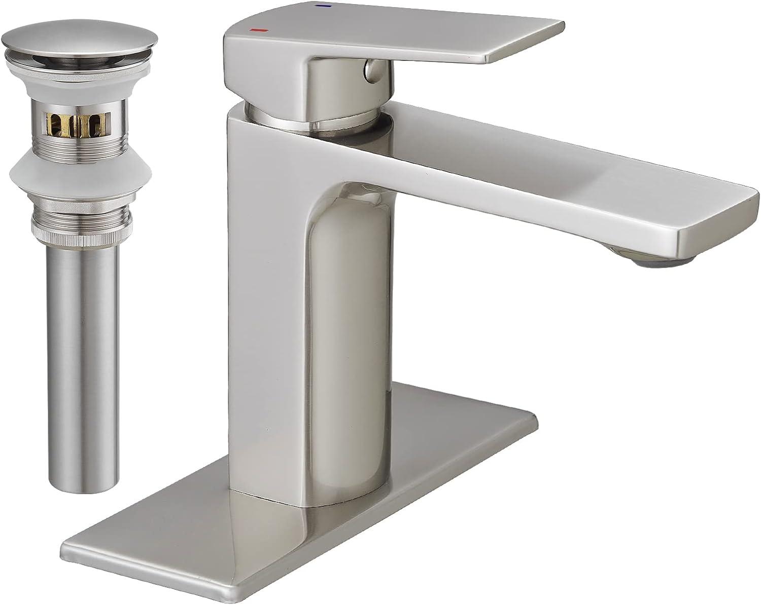 Brushed Nickel Single Handle Bathroom Faucet with Pop-Up Drain