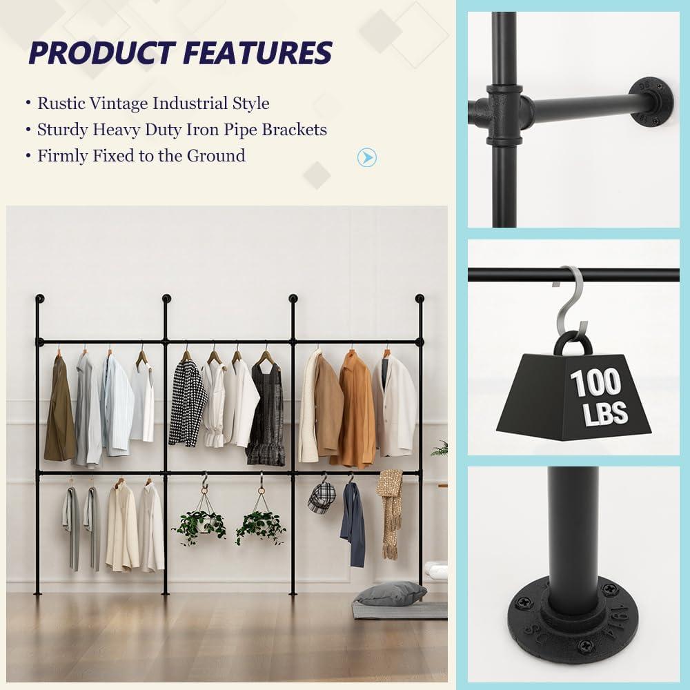 Industrial Pipe Clothes Rack Wall Mounted Clothing Rack,Heavy Duty Iron Pipe Garment Rods,Detachable Multi-Purpose Clothing Hanging Rod/Garment Bar, Black
