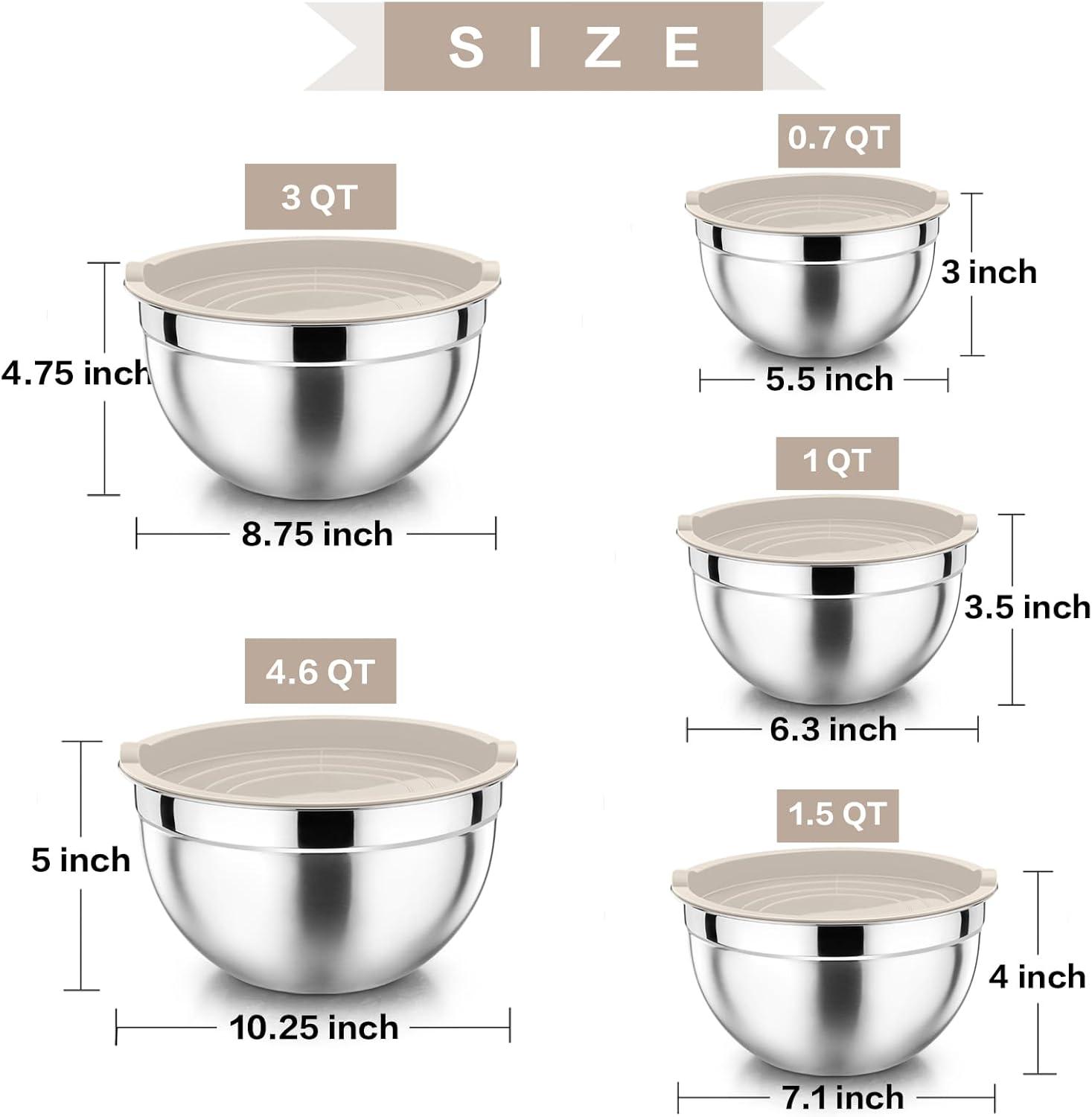 Khaki Stainless Steel Nesting Mixing Bowls with Lids Set of 5