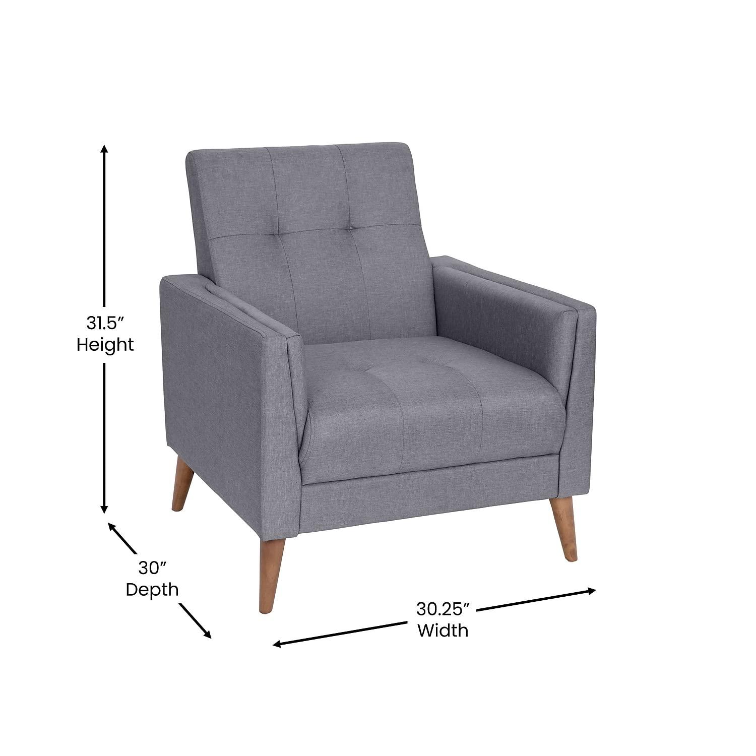 Flash Furniture Conrad Mid-Century Modern Commercial Grade Armchair with Tufted Faux Linen Upholstery & Solid Wood Legs in Slate Gray