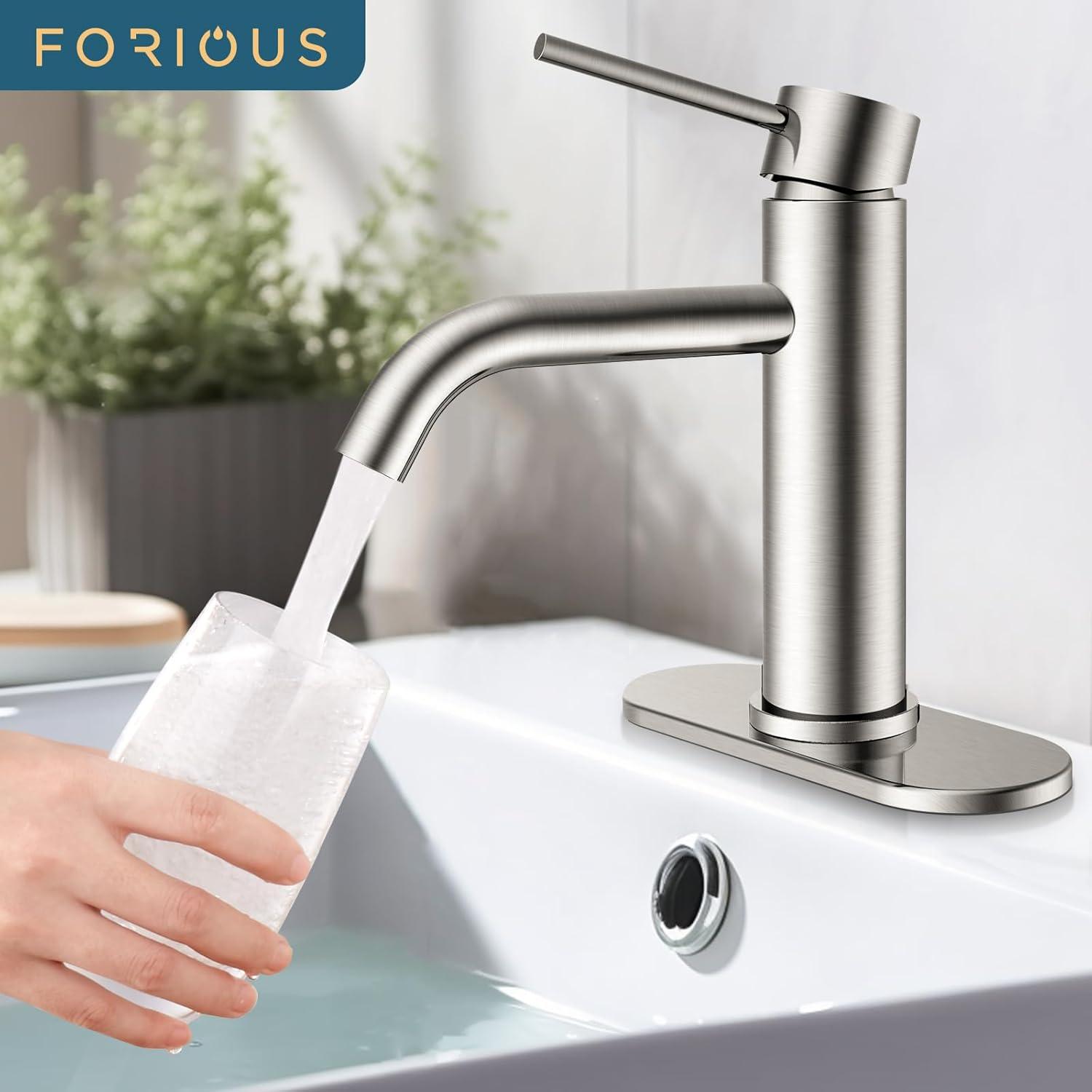 Single Handle Mid-Arc Bathroom Faucet with Deckplate and Pop-Up Drain in Brushed Nickel