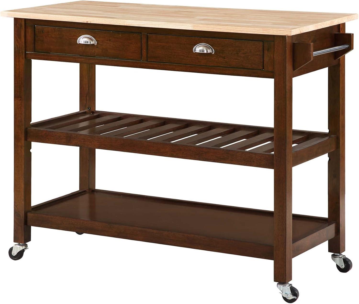 Espresso Solid Wood Butcher Block Kitchen Cart with Wine Storage