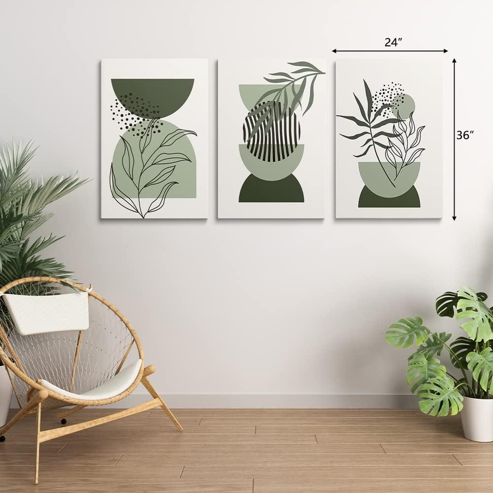 Framed Boho Wall Art, Abstract Sage Green Wall Decor Palm Leaf Sun Moon Line Green Canvas Painting, Minimalist Geometric Boho Room Decor, Sage Green Wall Posters & Prints for Living Room,