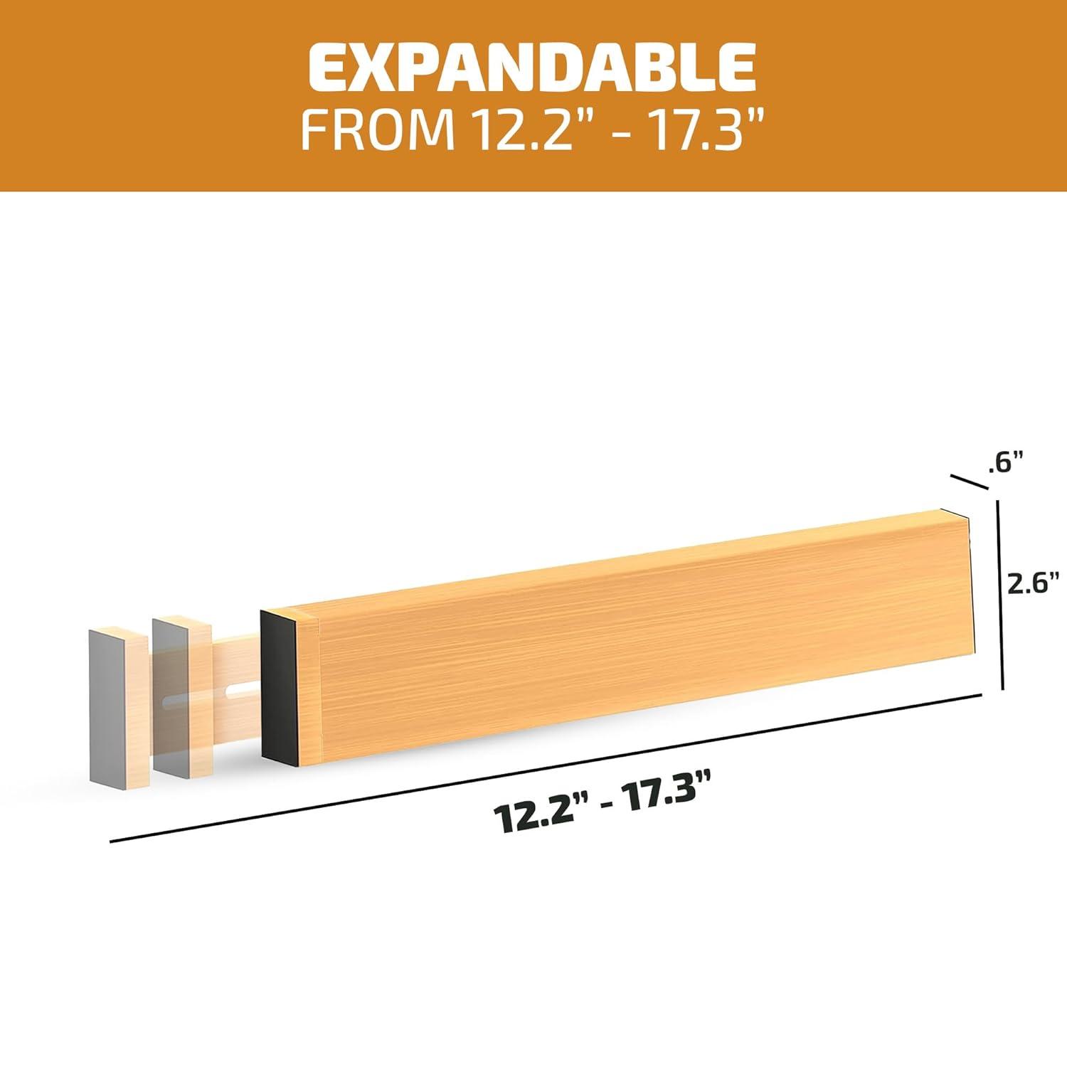 Drawer Dividers 4 Pack - Adjustable Bamboo Organizers 12.2" to 17.3", 2.6" Tall Expandable Separators for Kitchen, Dresser, Bedroom, Office or Bathroom Drawers