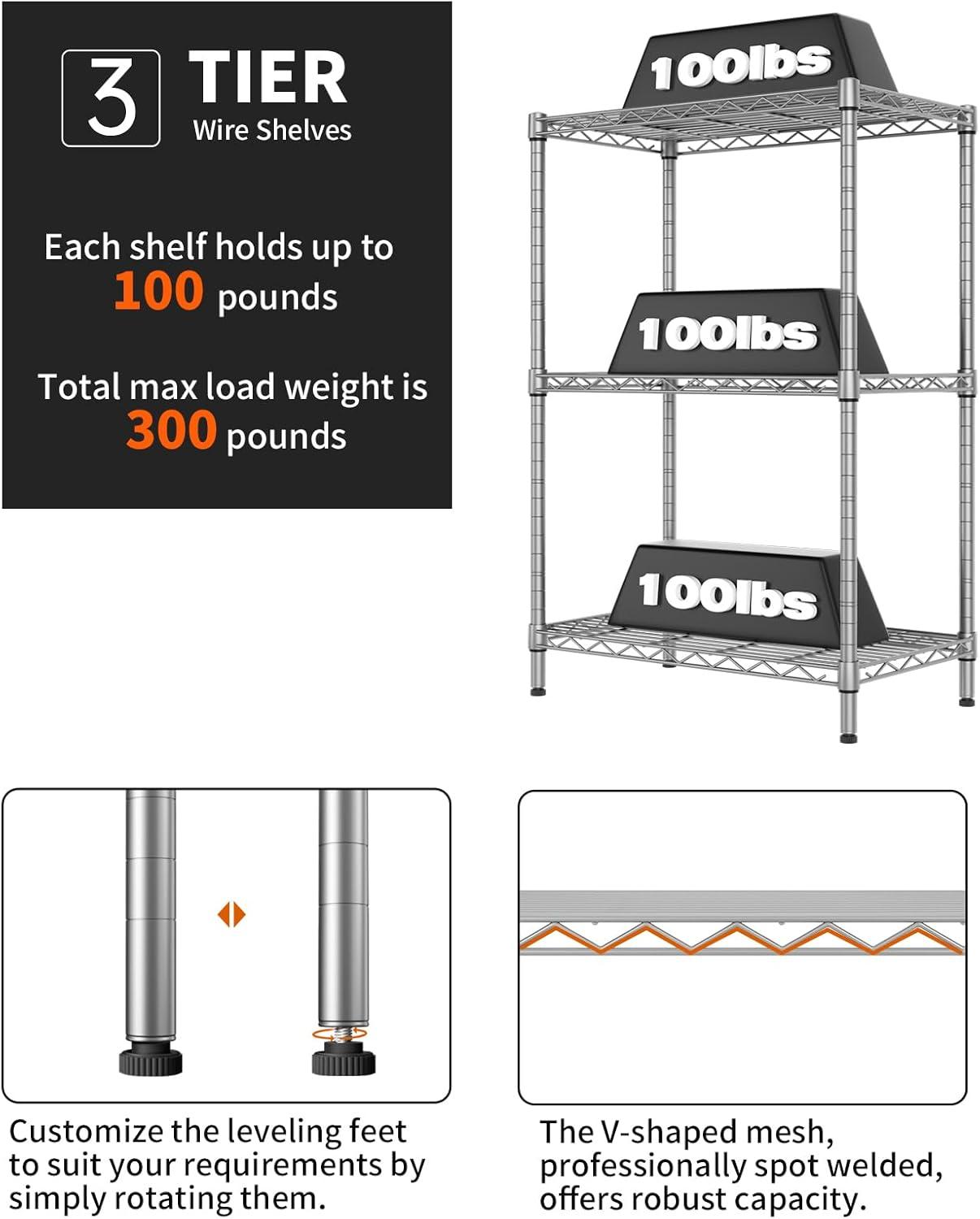 Adjustable Silver Carbon Steel 3-Tier Wire Shelving Unit