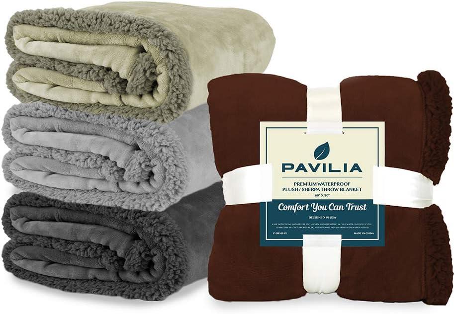 PAVILIA Waterproof Blanket Throw for Bed Sofa Couch, Leakproof Faux Shearling Fleece Protector, Plush Soft Warm Fuzzy