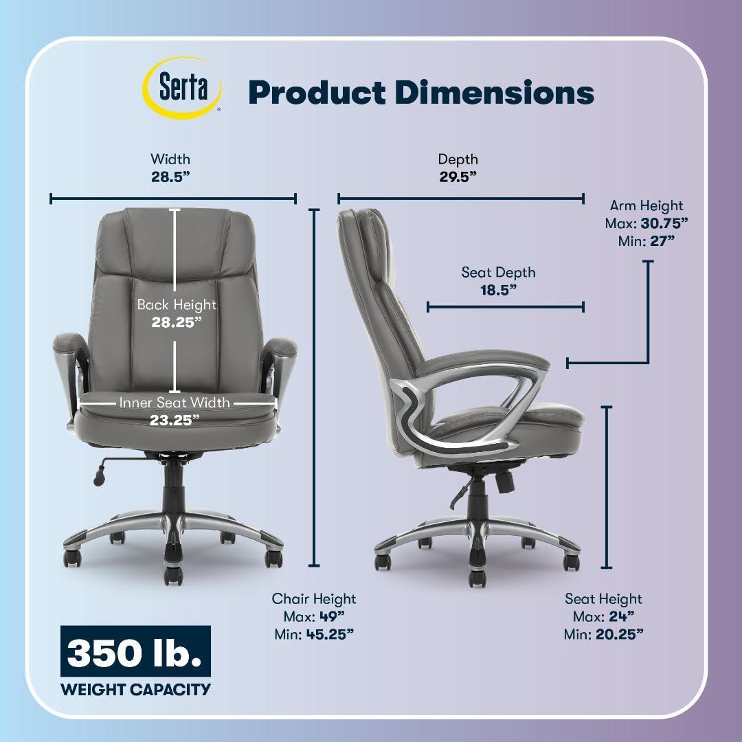Big and Tall Executive Office Chair Opportunity Gray - Serta: Heavy-Duty, Ergonomic with Lumbar Support, Fixed Arms