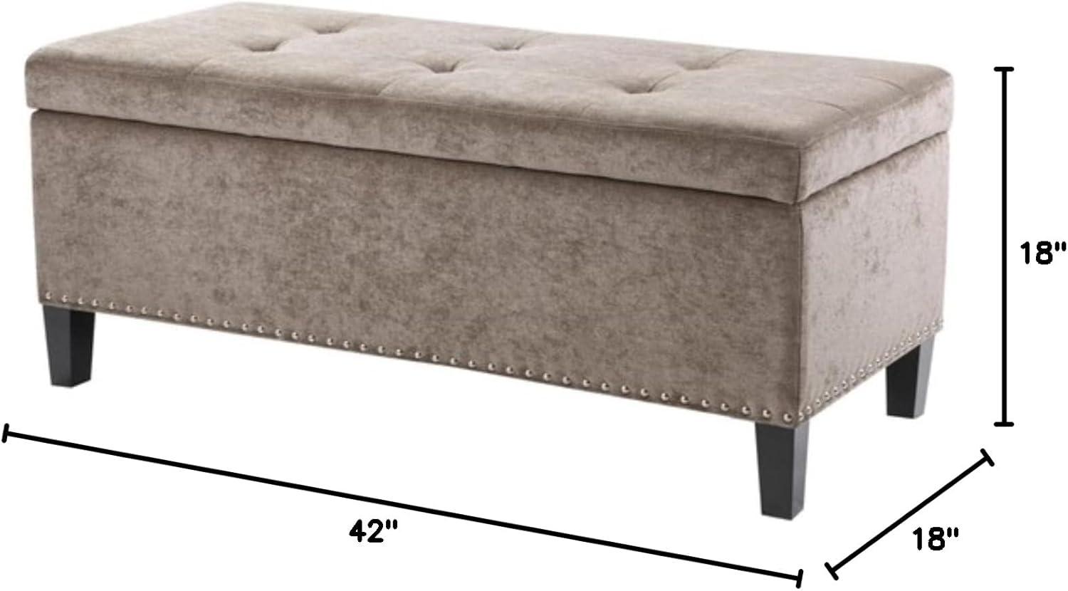 Taupe Tufted Storage Bench with Nailhead Trim and Black Wood Legs