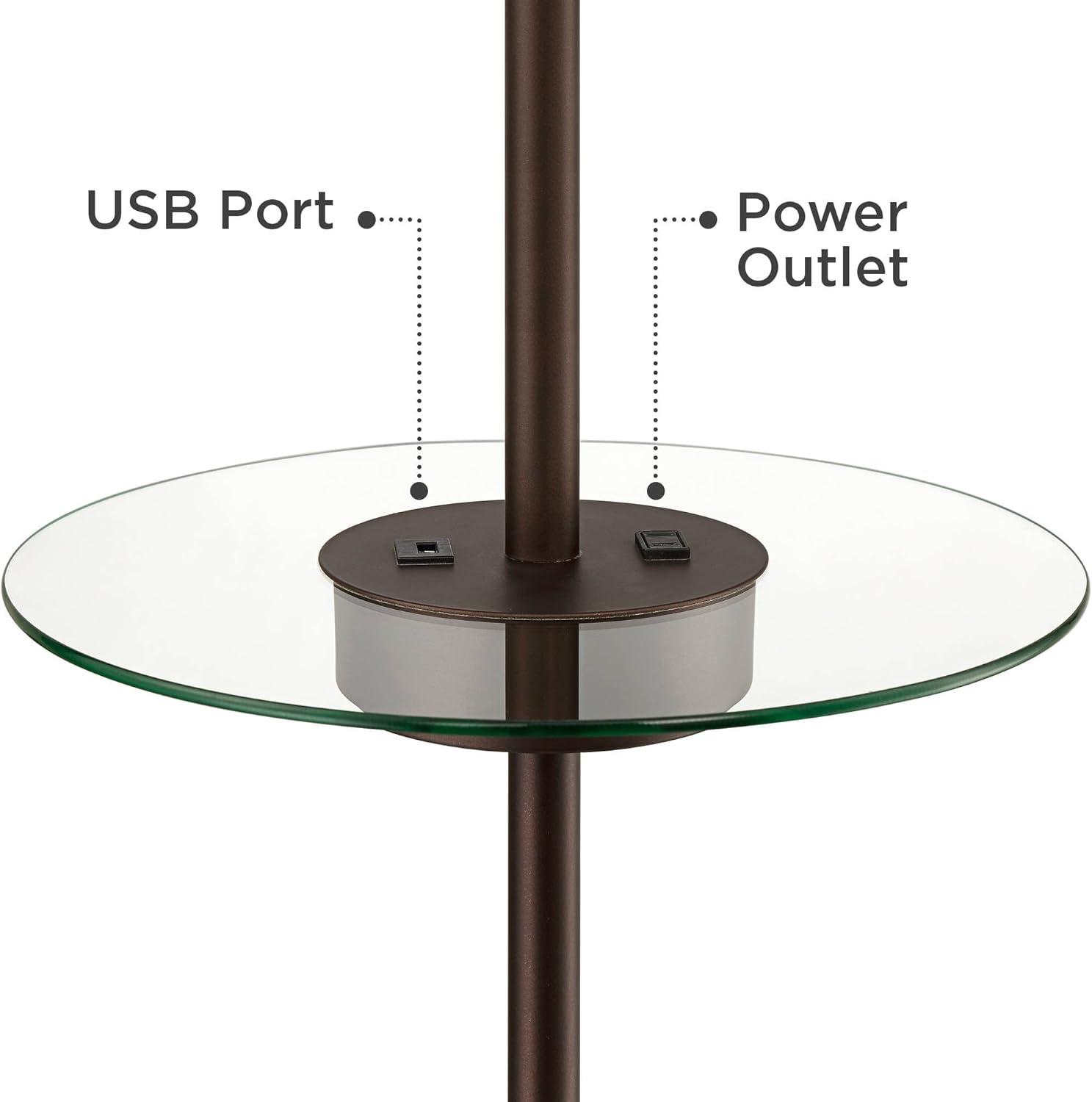 360 Lighting Caper Modern Floor Lamp with Tray Table 60 1/2" Tall Bronze USB and AC Power Outlet Off White Fabric Drum Shade for Living Room Office