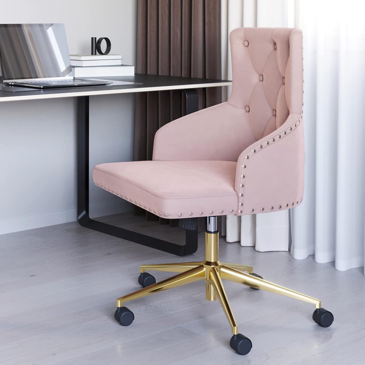 BELLEZE Belden Swivel Computer Desk Chair, Button-Tufted Upholstered Fabric with Nailhead Trim, Mid-Back Accent Armchair Adjustable Height, Pink & Gold