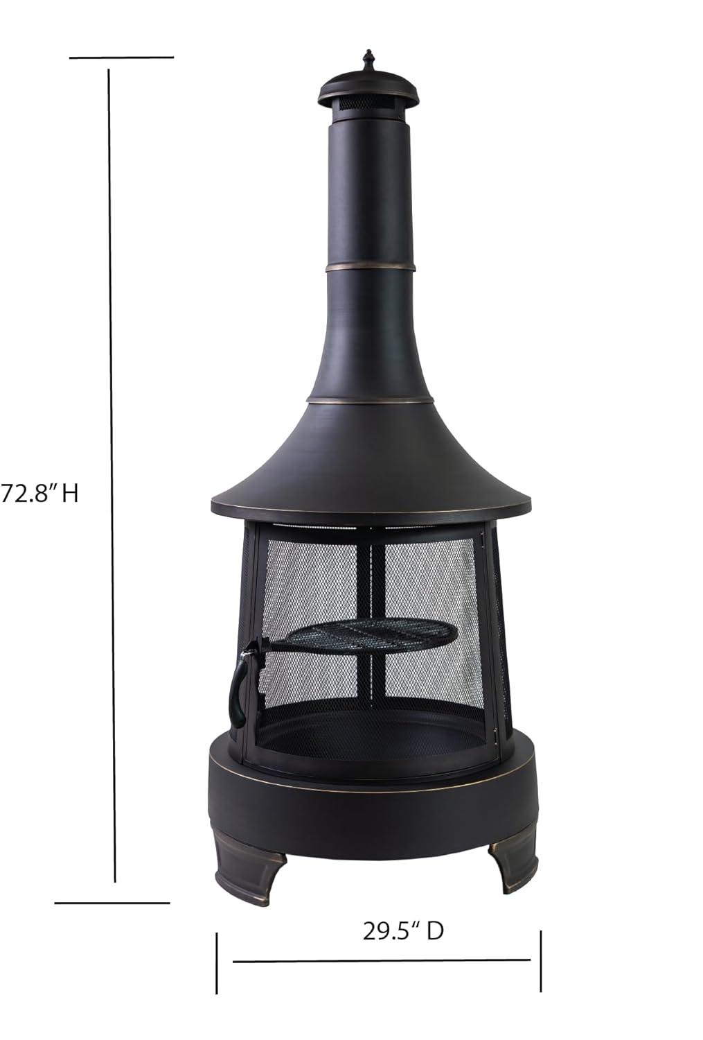 Deko Living Deko Living 30 Inch Diameter Outdoor Steel Wood Burning Chimney Firepit with Cast Iron Cooking Grill and Poker