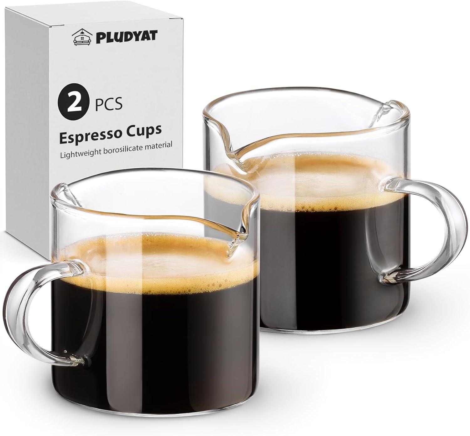 Espresso Cups Set of 2, 4 oz Double Spouts Cup, Espresso Shot Glasses with Handle, V-Shaped Spout Milk Cup, Borosilicate Glass, Mini Clear Glasses for Coffee Bar, Machine Accessories