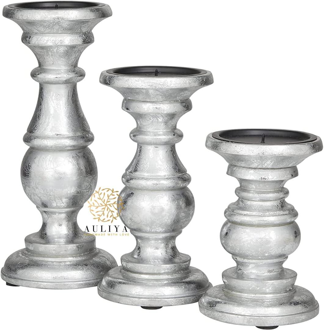 AULIYA Wooden Candle Holders Pillar Candles Holder Rustic Wood Stand Decorative Polish Candlestick Set of 3 for Home Decor - 6" 8" 10" Silver