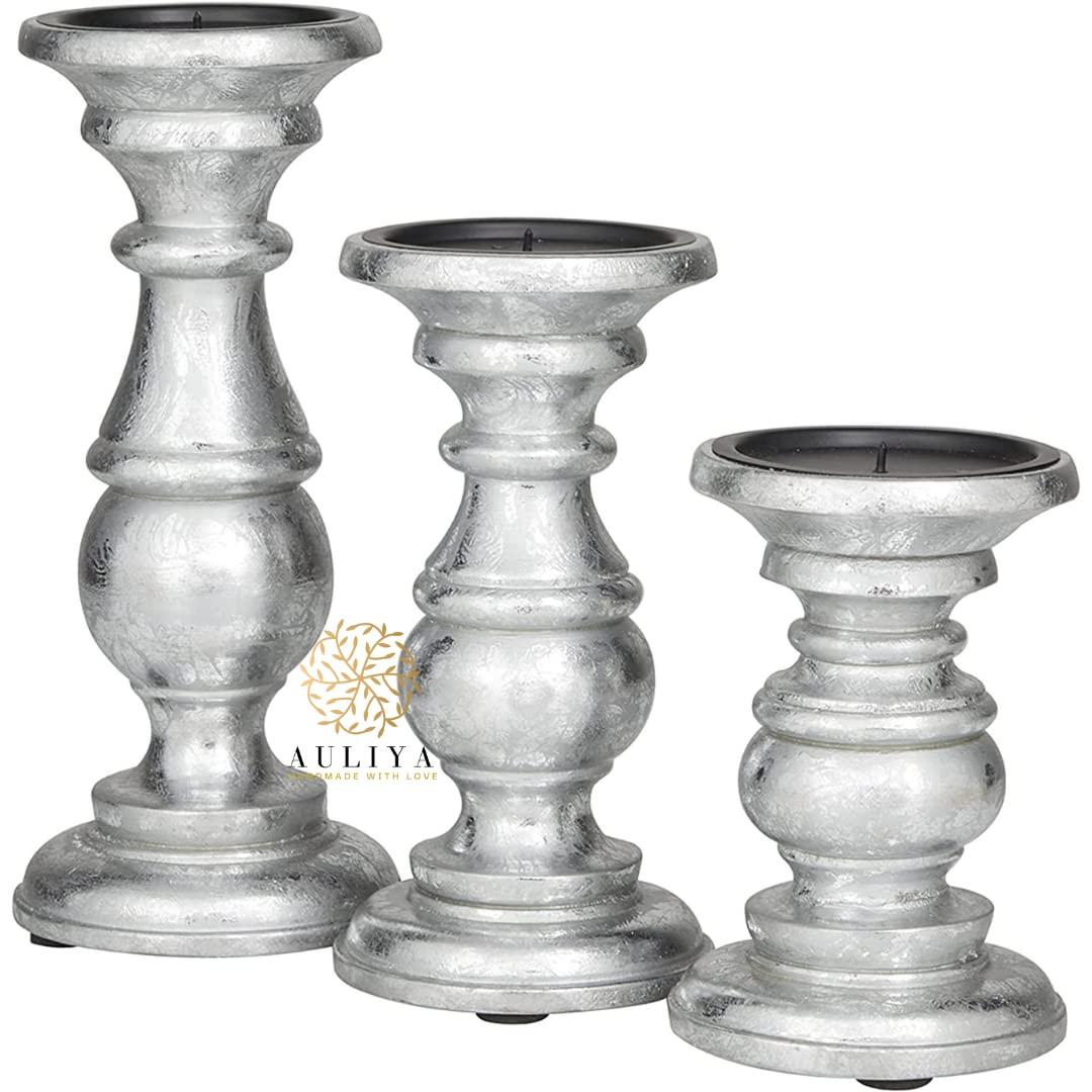 AULIYA Wooden Candle Holders Pillar Candles Holder Rustic Wood Stand Decorative Polish Candlestick Set of 3 for Home Decor - 6" 8" 10" Silver