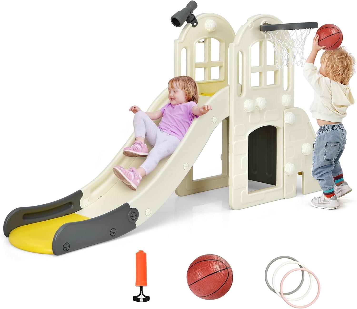 Costway 6-In-1 Large Slide for Kids Toddler Climber Slide Playset w/ Basketball Hoop Yellow
