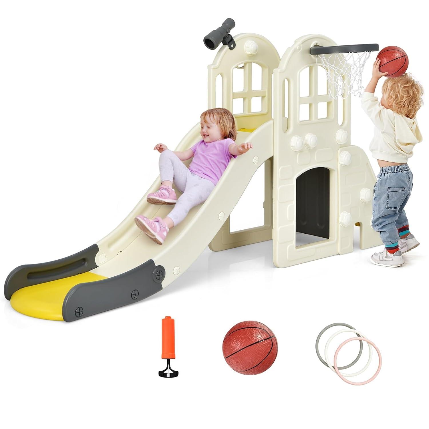 Costway 6-In-1 Large Slide for Kids Toddler Climber Slide Playset w/ Basketball Hoop Yellow