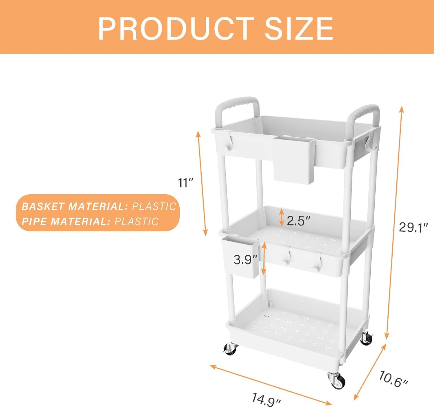 White 3-Tier Rolling Utility Cart with Handle and Storage