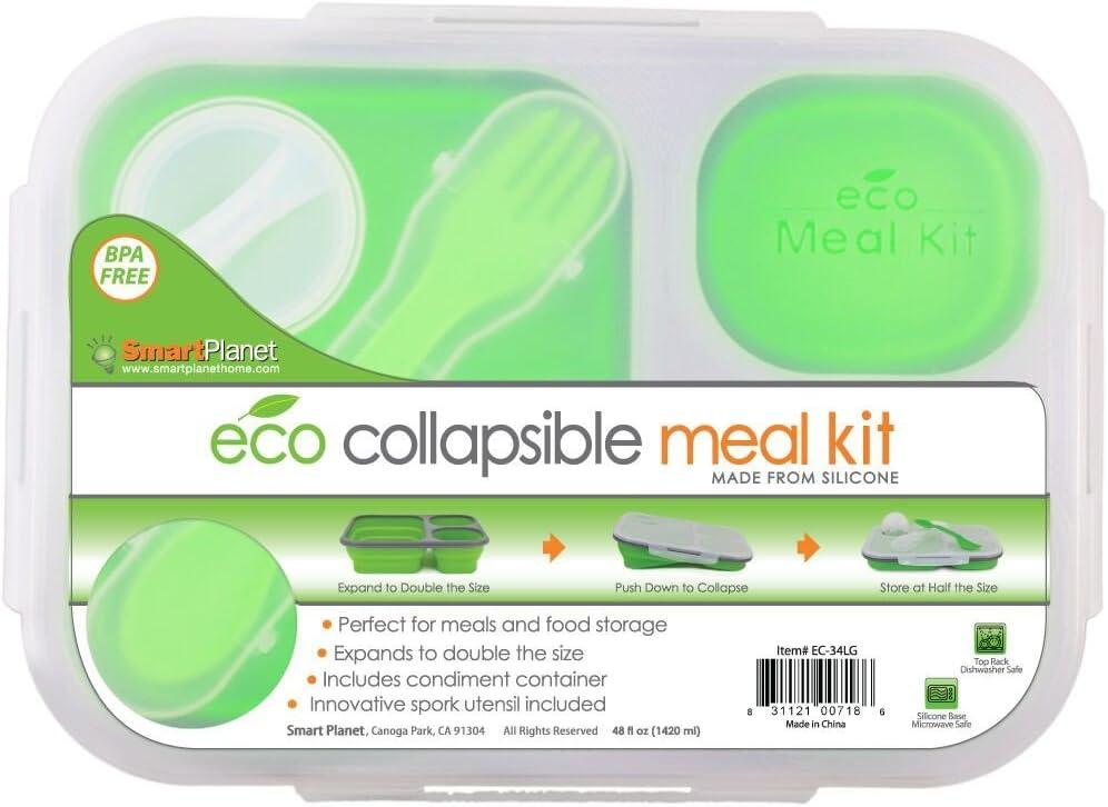 Green Silicone Collapsible 3-Compartment Lunch Box with Spork