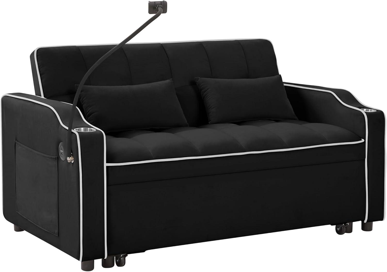 Black Velvet Convertible Sleeper Sofa with USB Ports