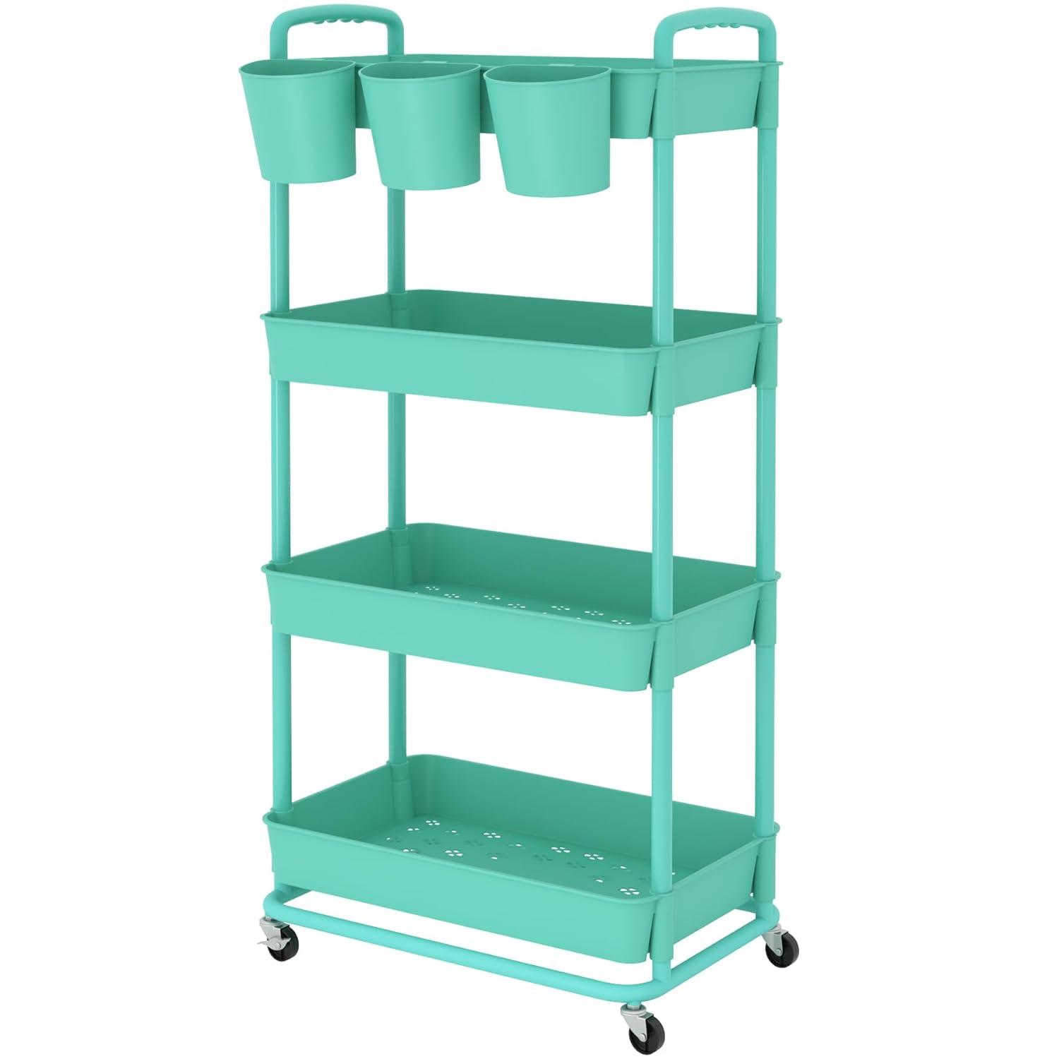 JIUYOTREE 4-Tier Plastic Rolling Storage Cart Utility Cart with Extra Hanging Cups Handles Lockable Wheels for Living Room Bathroom Kitchen Office Green