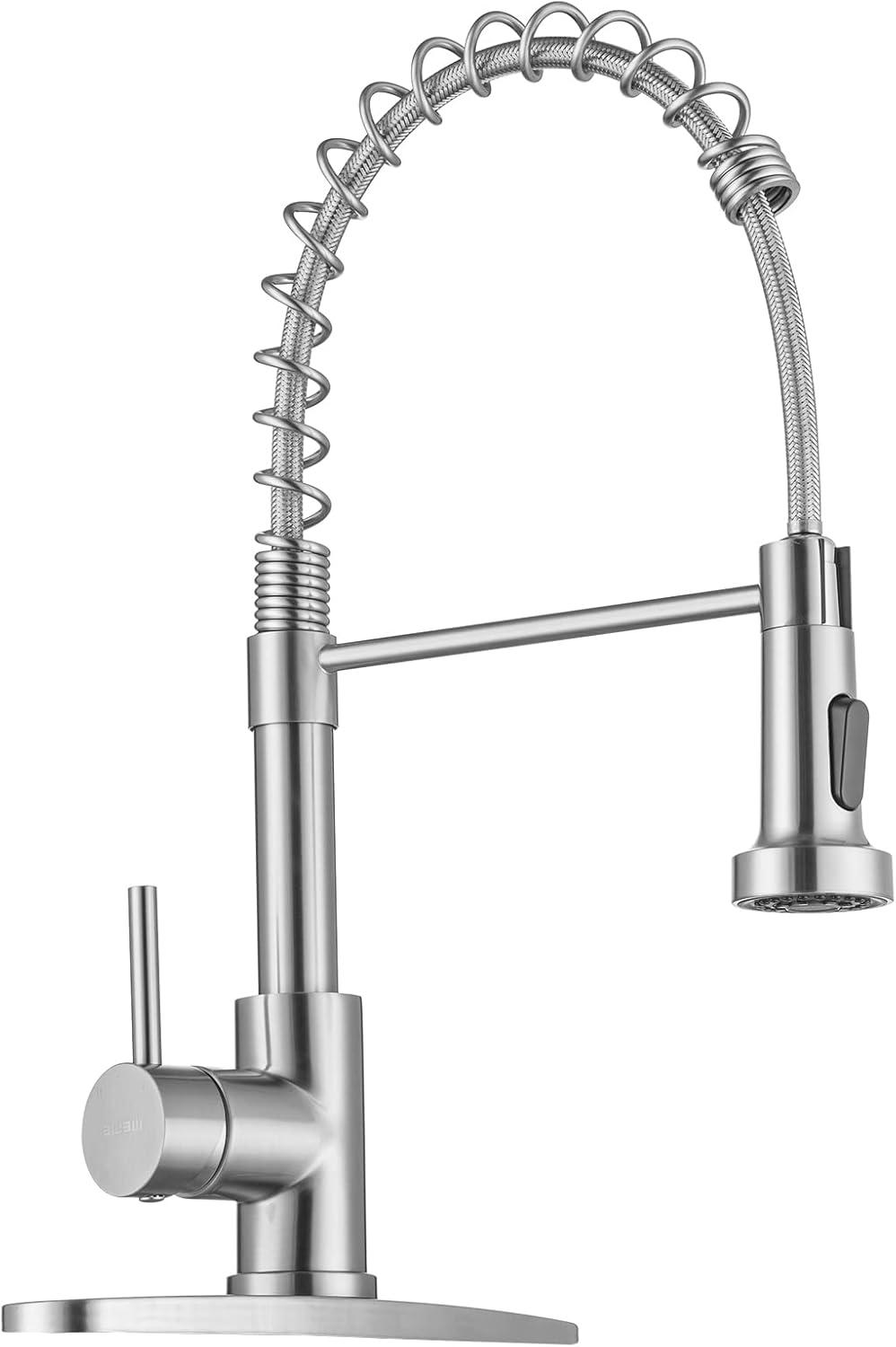 Besdor Kitchen Faucet with Pull Down Sprayer, Spring Single Handle Faucet for Kitchen Sink, Two Function Sprayer, 360-degree Rotation, with Deck Plate, 304 Food Grade Stainless Steel, Brushed Nickel