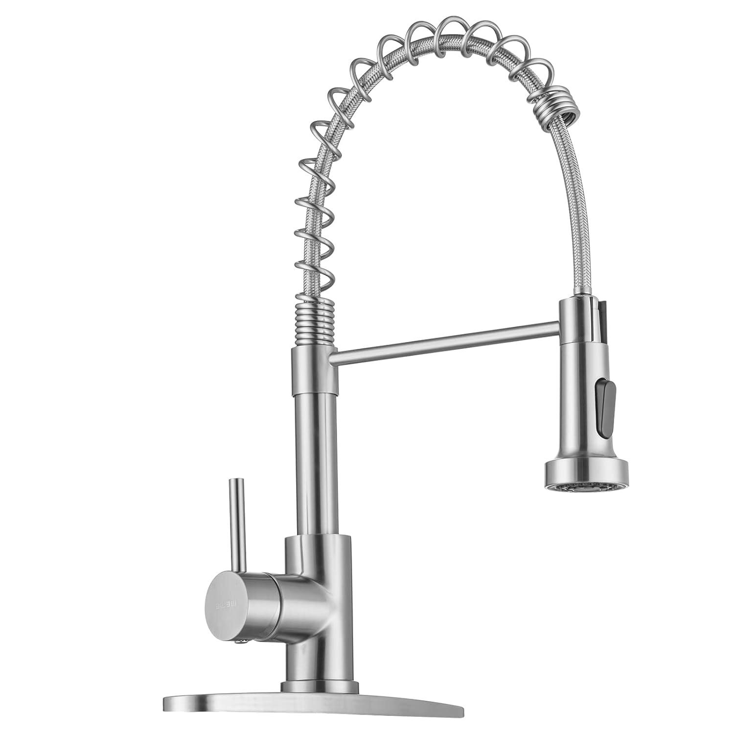 Besdor Kitchen Faucet with Pull Down Sprayer, Spring Single Handle Faucet for Kitchen Sink, Two Function Sprayer, 360-degree Rotation, with Deck Plate, 304 Food Grade Stainless Steel, Brushed Nickel