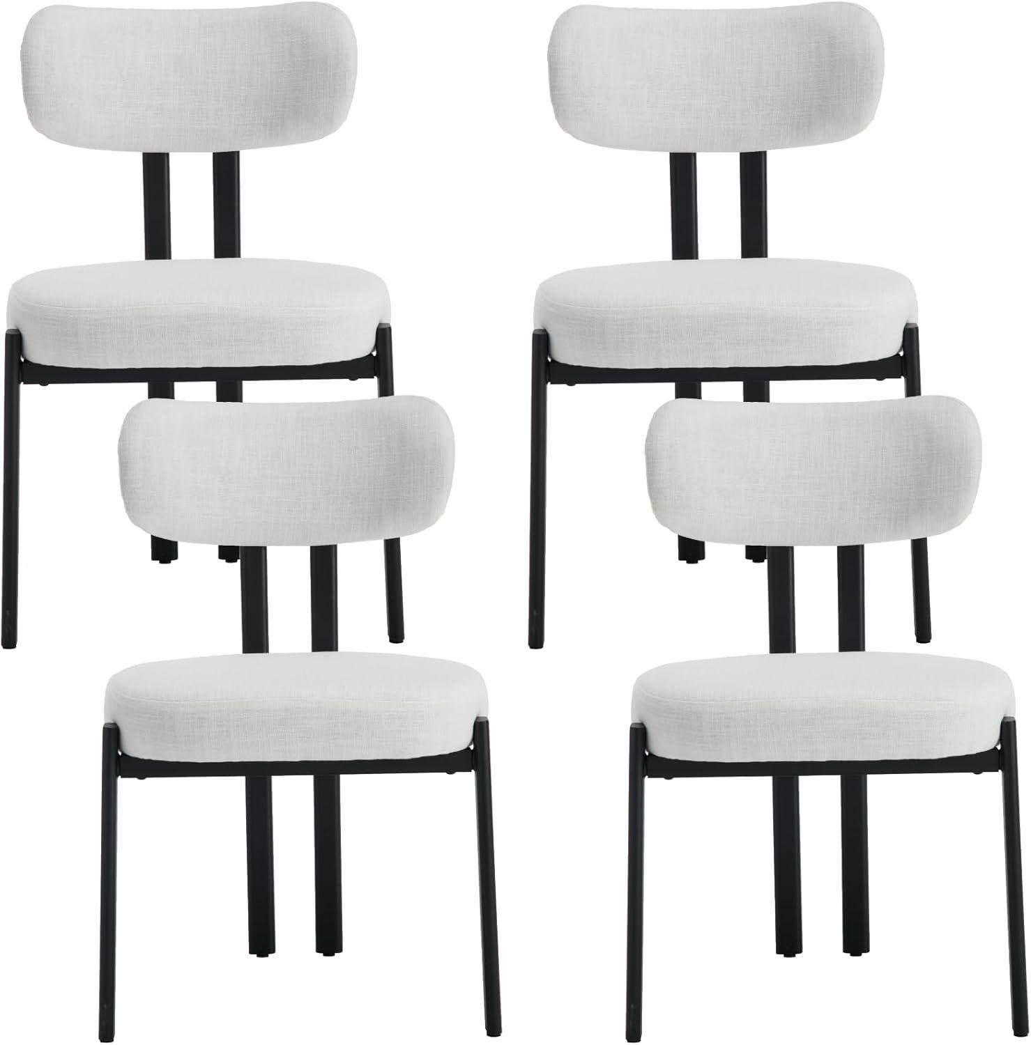 Set of 4 Beige Upholstered Dining Chairs with Black Metal Legs