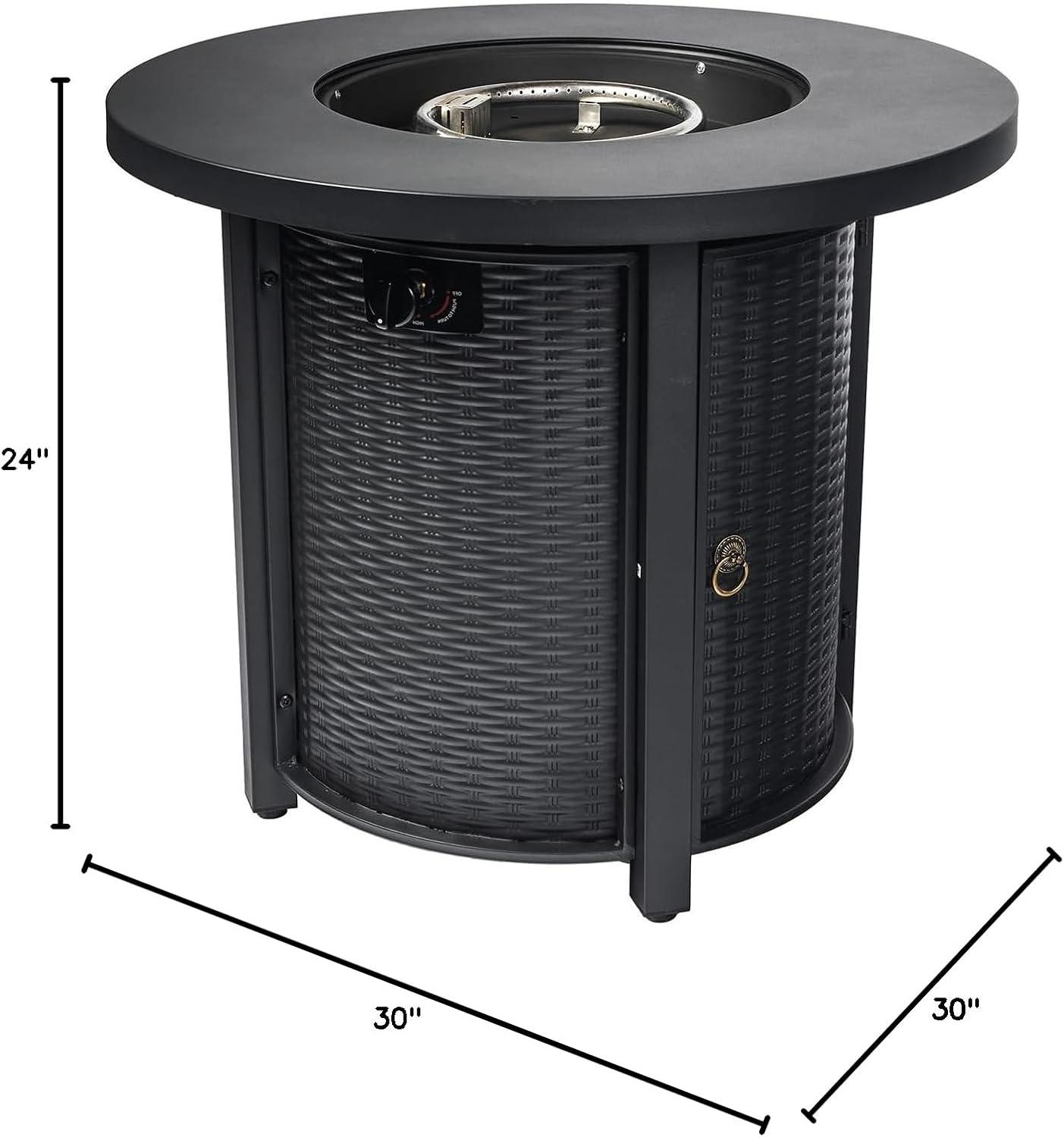 30" Black Steel Round Propane Fire Pit Table with Rattan Pattern