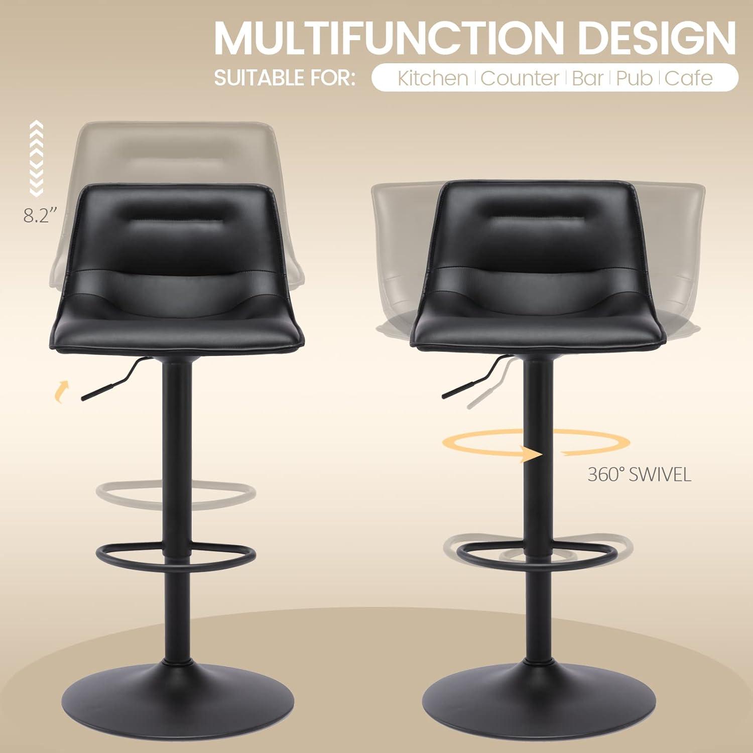 Black Adjustable Swivel Faux Leather Bar Stools, Set of 2