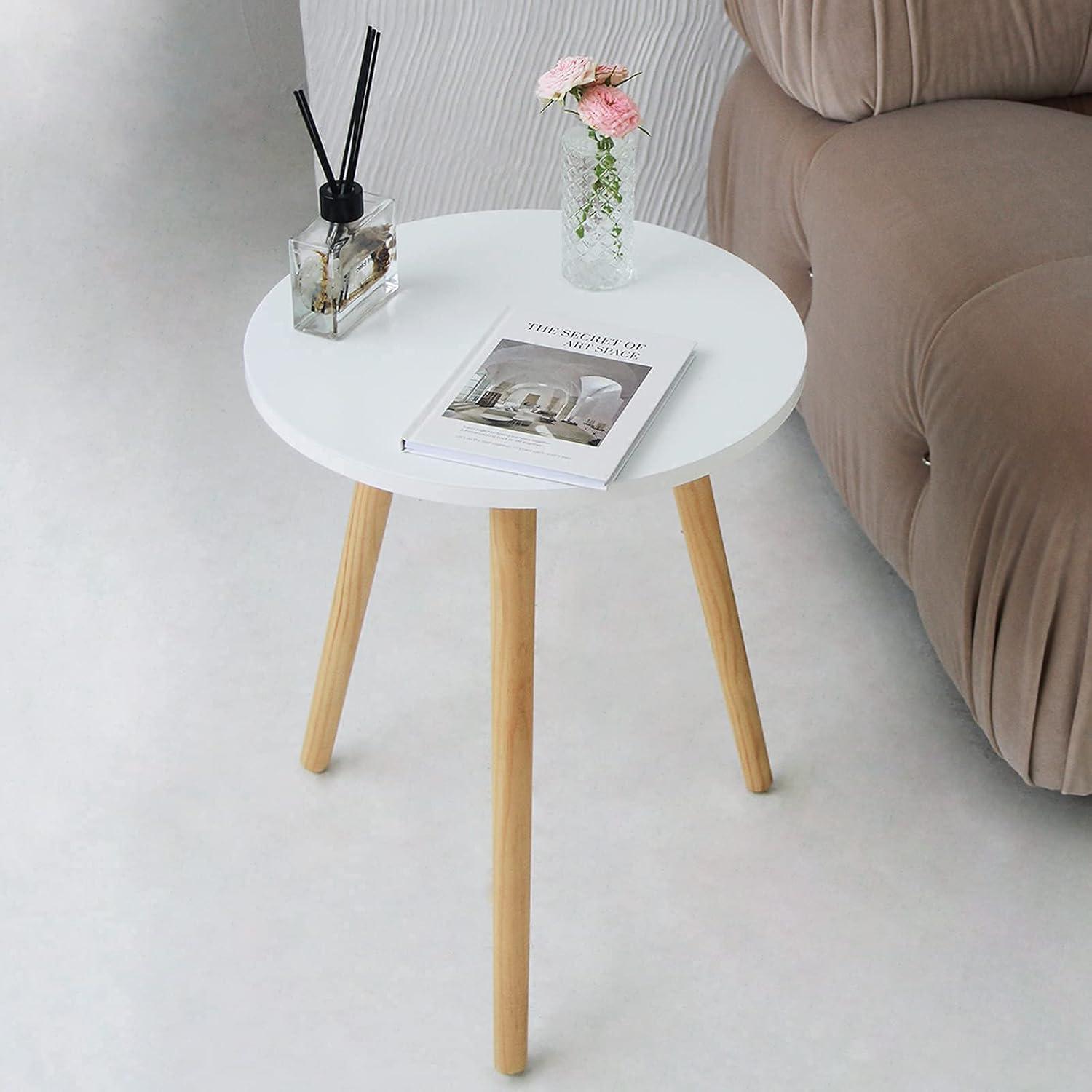 White Round MDF Side Table with Wooden Legs