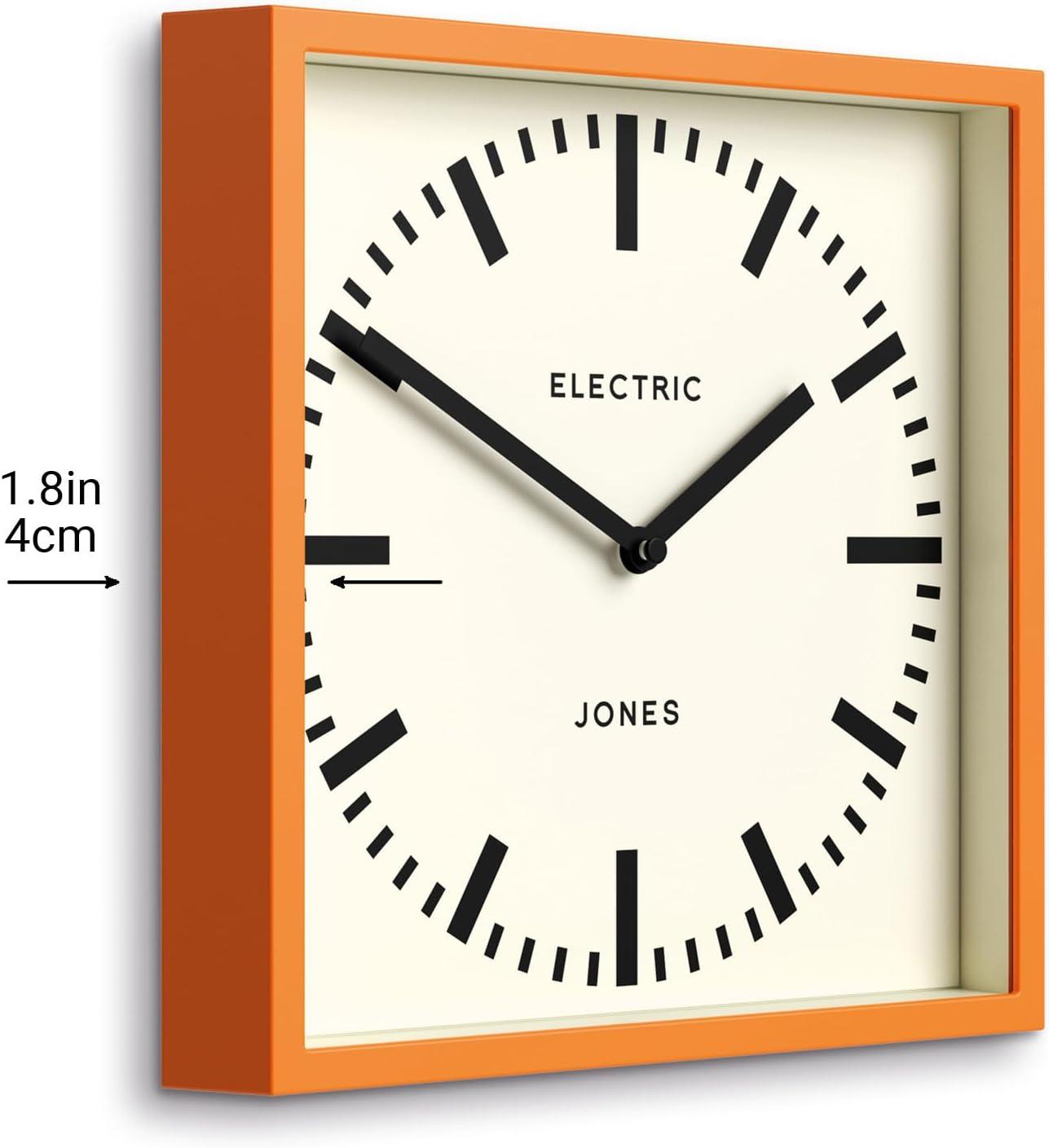 JONES CLOCKS® Box Railway Wall Clock | Square Station Clock | 10 inch | Cool Designer Look for Kitchen, Living Room or Office (Orange)