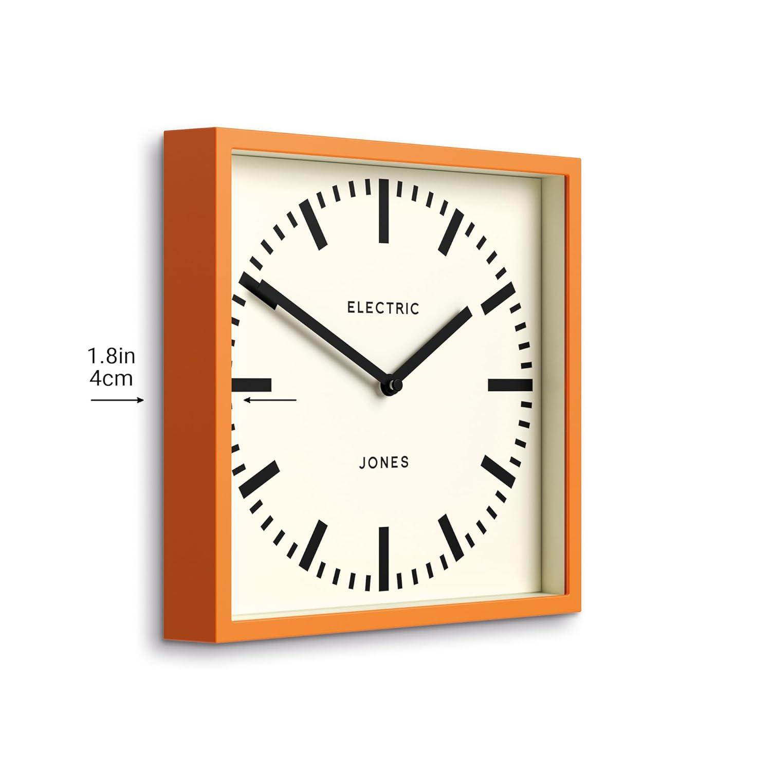 JONES CLOCKS® Box Railway Wall Clock | Square Station Clock | 10 inch | Cool Designer Look for Kitchen, Living Room or Office (Orange)