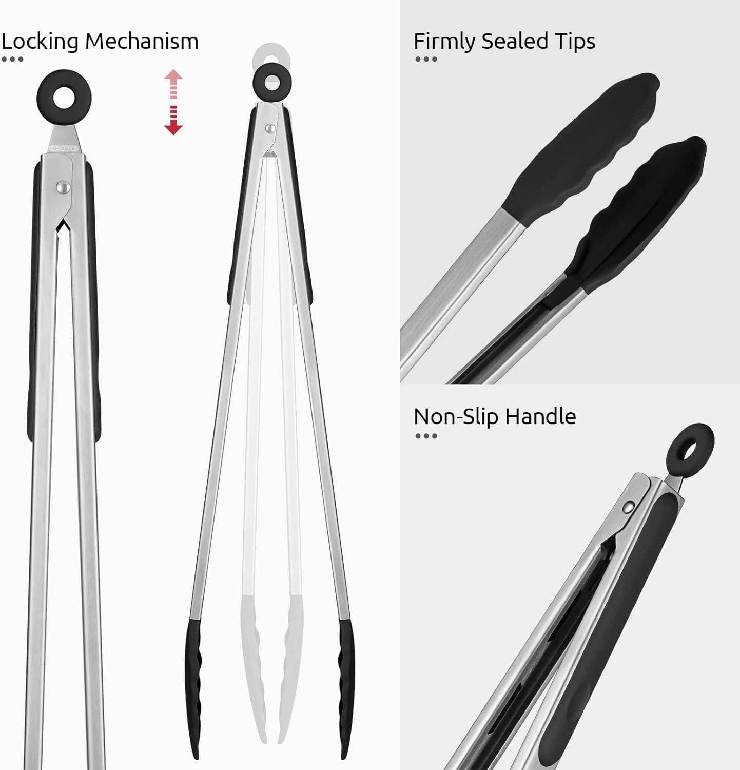 Black 16" Silicone and Stainless Steel Heat Resistant Kitchen Tongs