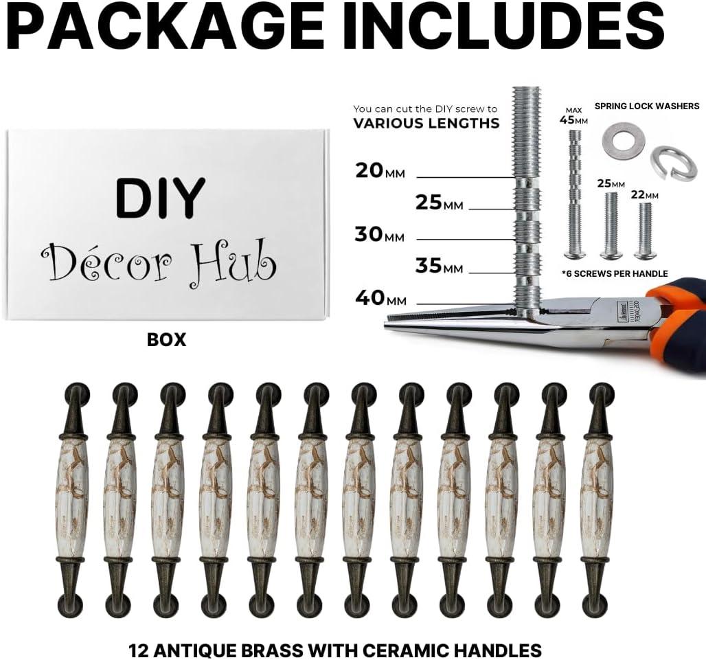 12 pcs Antique Brass Ceramic Pumpkin Cabinet Handles with Brown Marble Finish for Cabinets, Drawers, Dressers, Trays