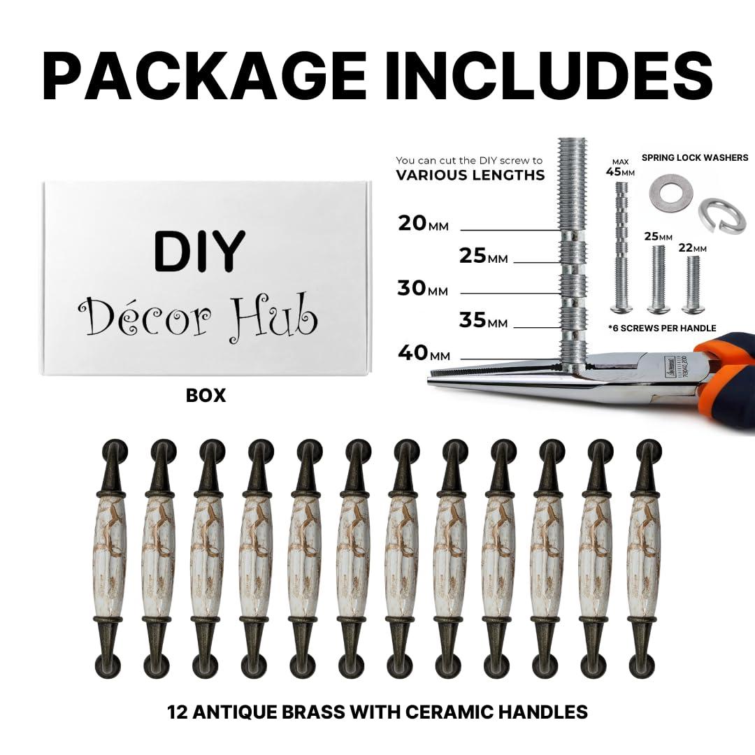 12 pcs Antique Brass Ceramic Pumpkin Cabinet Handles with Brown Marble Finish for Cabinets, Drawers, Dressers, Trays