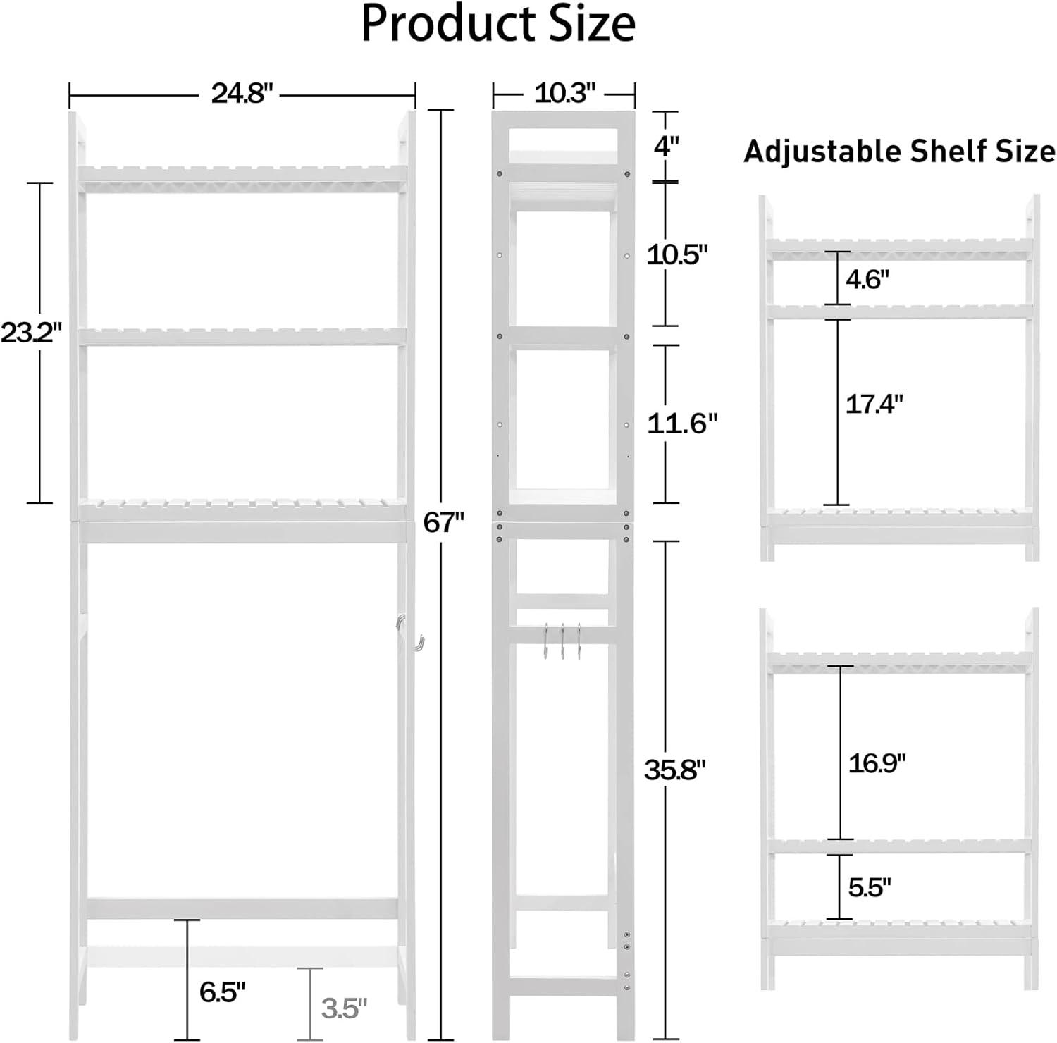 Over The Toilet Storage, 3-Tier Bathroom Organizer Over Toilet with Sturdy Bamboo Shelves,Multifunctional Toilet Shelf,Easy to Assemble and Saver Space, 25 * 10 * 64 Inches, White