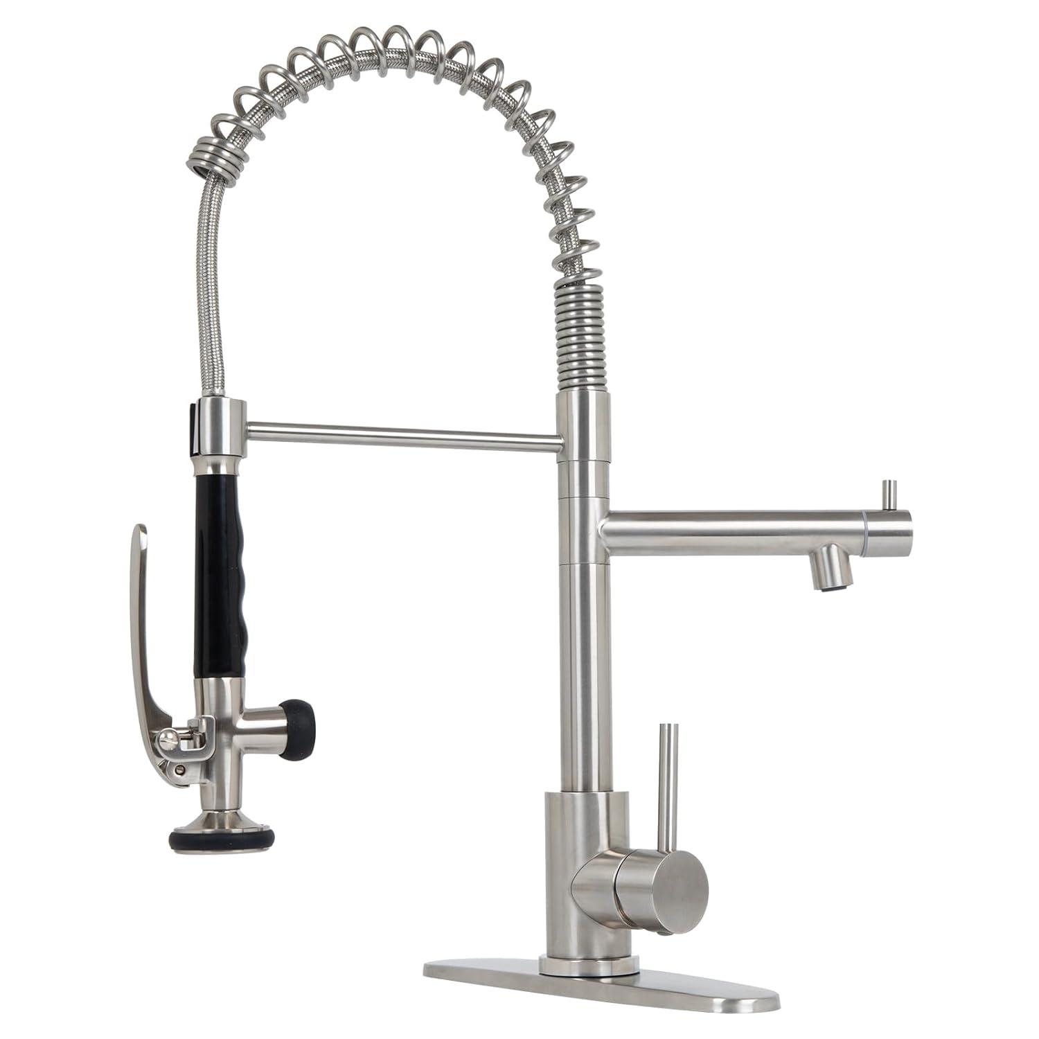 Besdor Kitchen Faucet with Pull Down Sprayer, Spring Single Handle Faucet for Kitchen Sink, Two Function Sprayer, 360-degree Rotation, with Deck Plate, 304 Food Grade Stainless Steel, Brushed Nickel